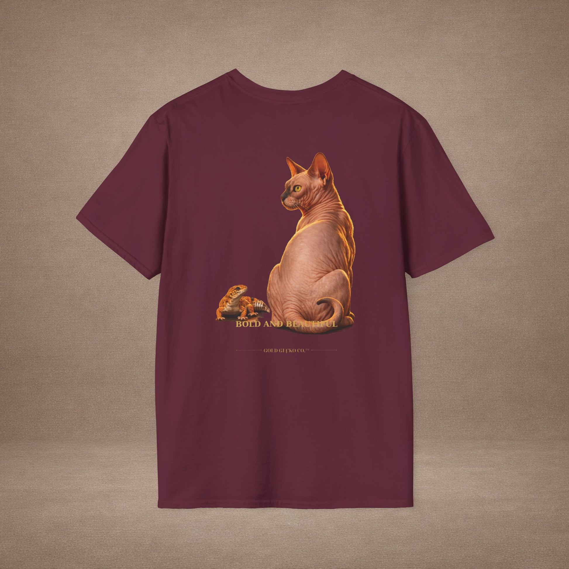 Sphynx — Bold And Beautiful — photoreal cat breed portraits paired with tiny gecko compani. Gold Gecko Co. Cats & Geckos collection.