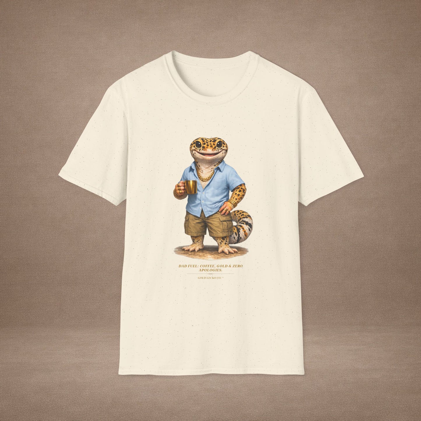 Design #03-2-2 - Coffee Dad (Leopard - Powder Blue Shirt, Gold Mug, Grass)