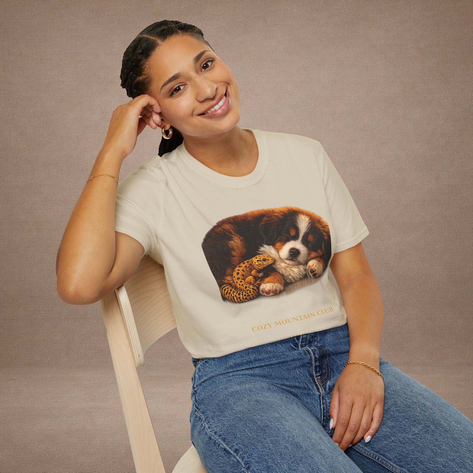 Bernese Mountain Dog — Cozy Mountain Club — cinematic photoreal portraits of beloved dog breeds paired w. Gold Gecko Co. Puppies & Geckos collection.