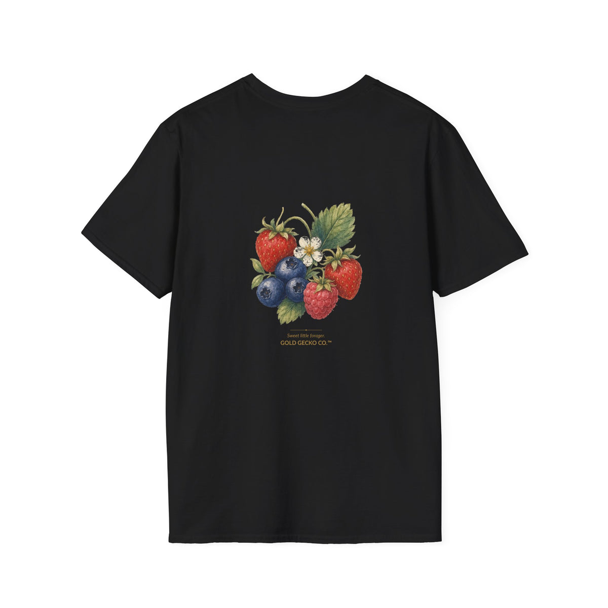 Berry Basket Buddy cottagecore watercolor T-shirt from Gold Gecko Co. — gecko nestled in a woven basket of wild strawberries and blueberries.