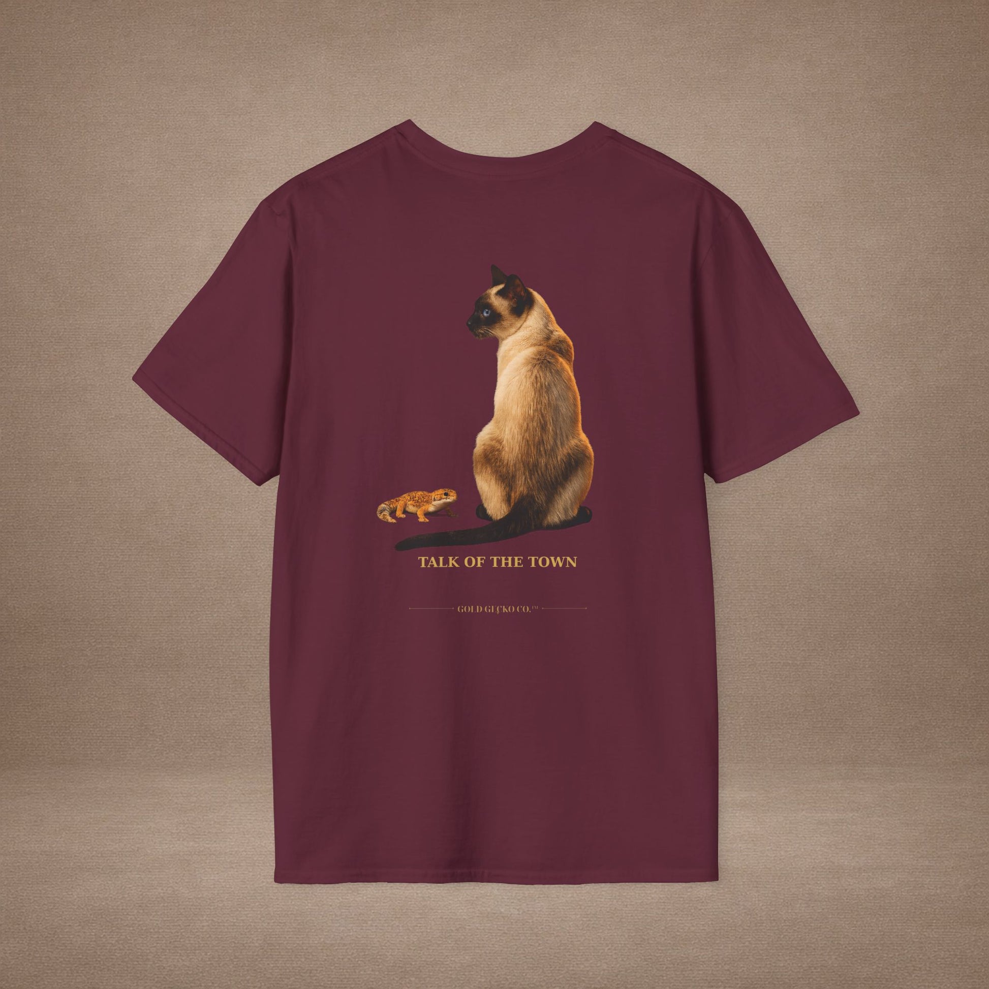 Siamese — Talk Of The Town — photoreal cat breed portraits paired with tiny gecko compani. Gold Gecko Co. Cats & Geckos collection.