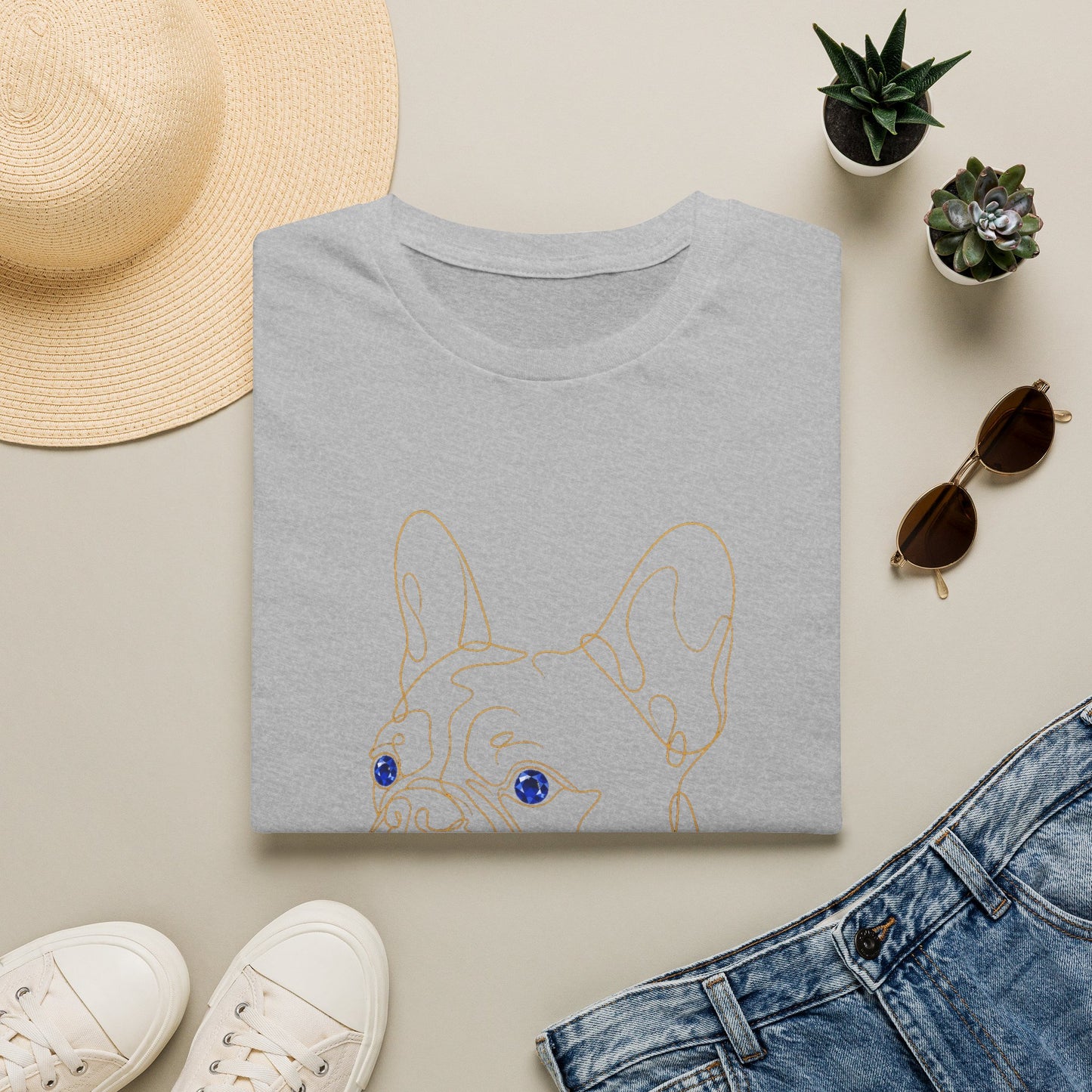Sapphire French Bulldog single-line art with sapphire blue gem eye — Gold Gecko Co. Line & Gold collection (Dark)