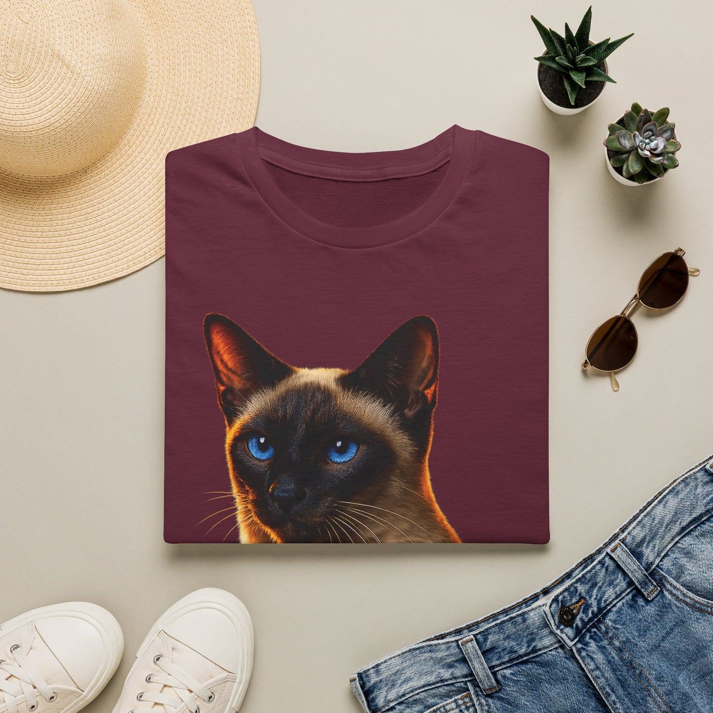 Siamese — Talk Of The Town — photoreal cat breed portraits paired with tiny gecko compani. Gold Gecko Co. Cats & Geckos collection.