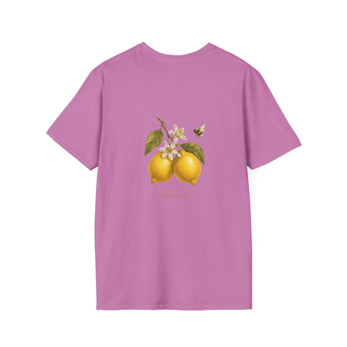 Citrus Grove Gecko cottagecore watercolor T-shirt from Gold Gecko Co. — gecko in a sunlit Mediterranean citrus grove of lemons and oranges.