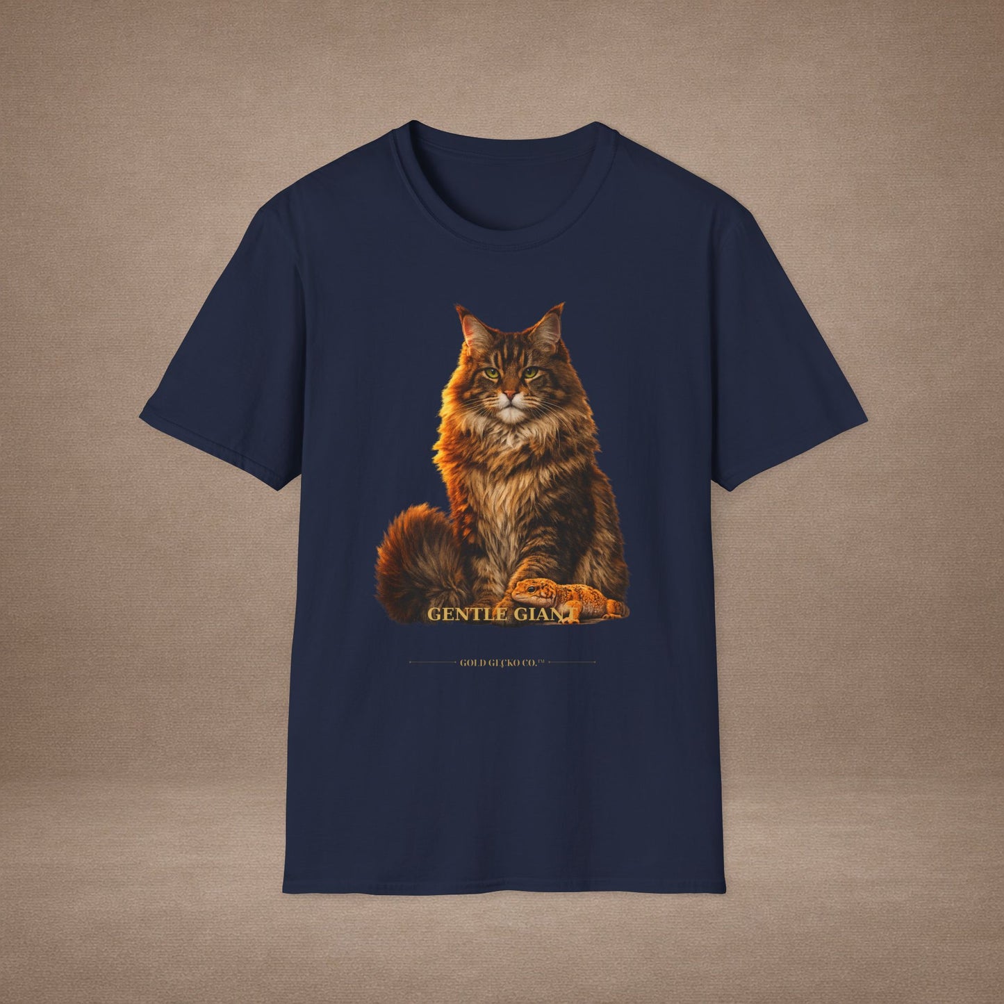 Maine Coon — Gentle Giant — photoreal cat breed portraits paired with tiny gecko compani. Gold Gecko Co. Cats & Geckos collection.