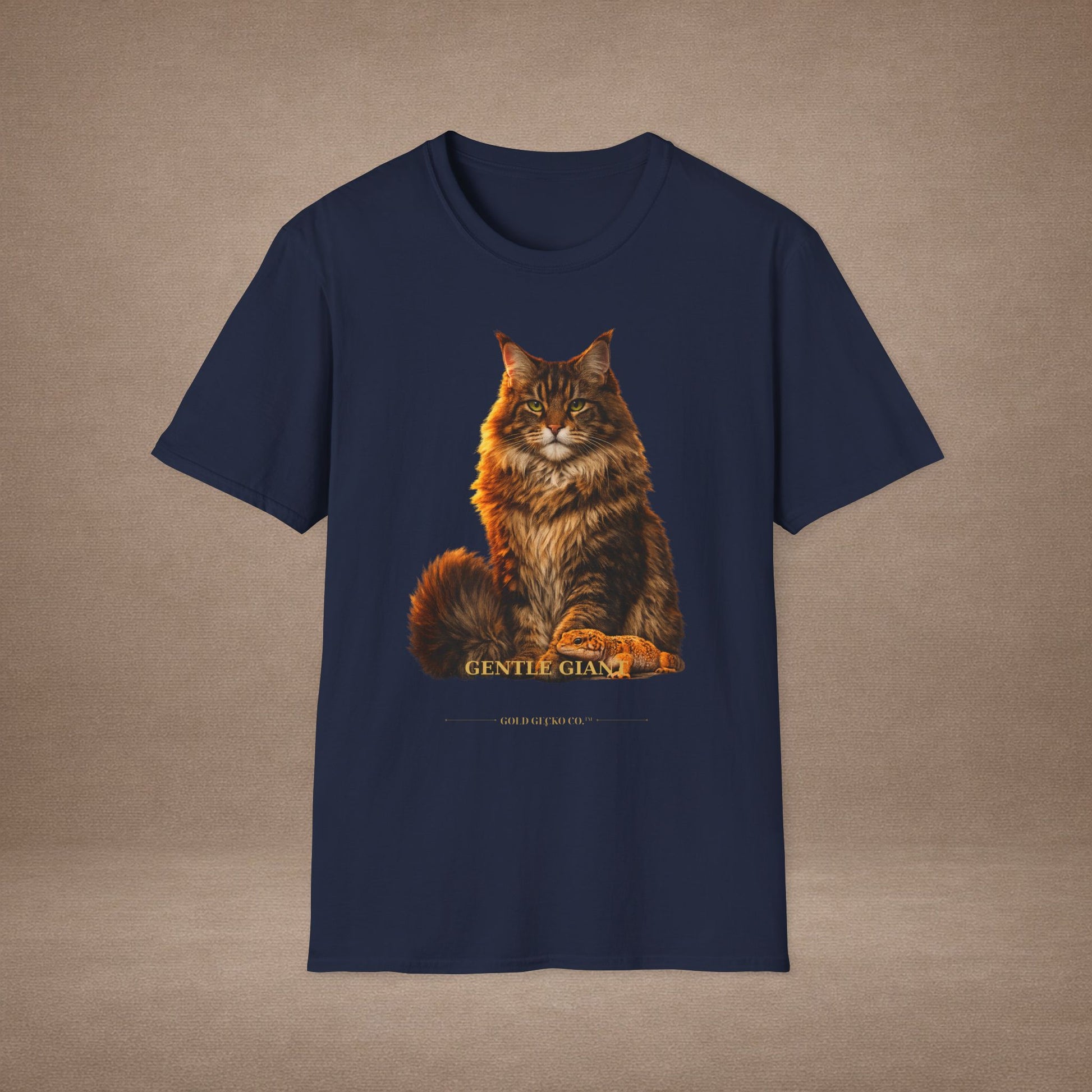 Maine Coon — Gentle Giant — photoreal cat breed portraits paired with tiny gecko compani. Gold Gecko Co. Cats & Geckos collection.