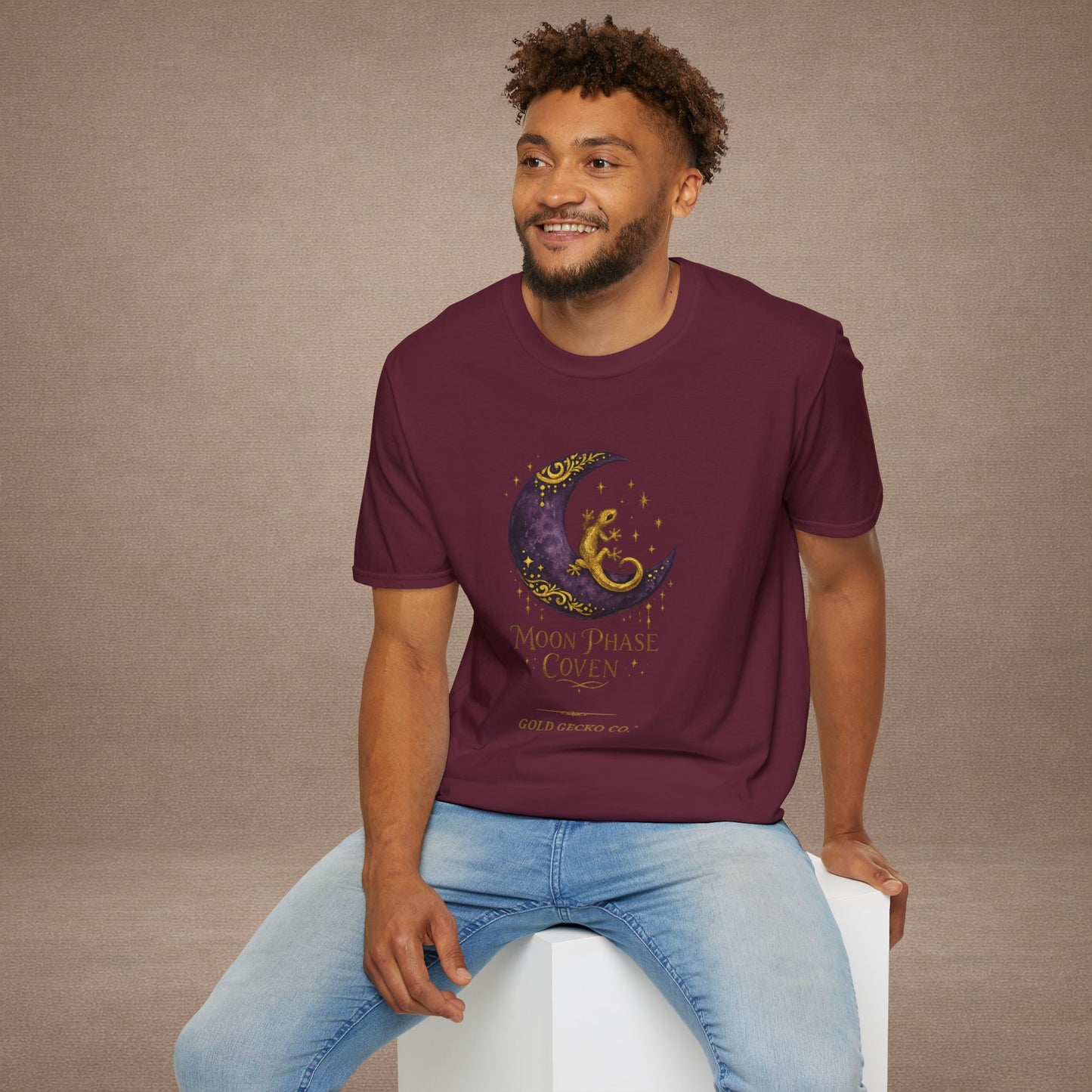 Moon Phase Coven gecko t-shirt with Coven Banner back — Gold Gecko Co. Moon & Mystic collection