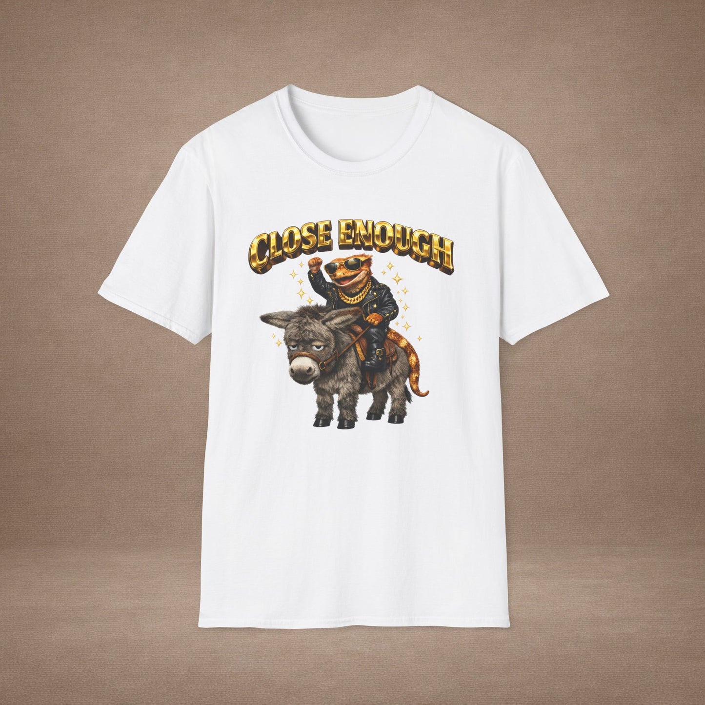 DESIGN #04-1 Close Enough — Donkey Gecko Tee (Front & Back) (Gold Letters)