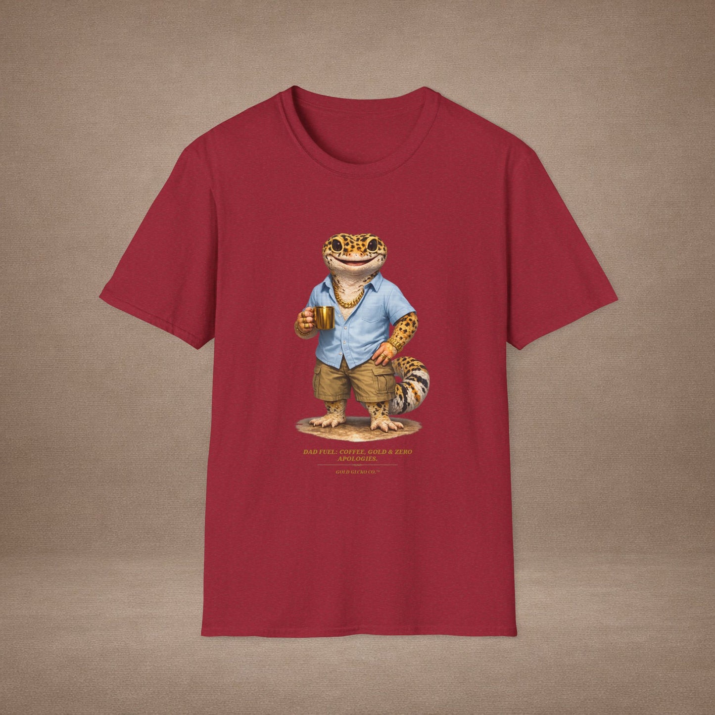 Design #03-2-2 - Coffee Dad (Leopard - Powder Blue Shirt, Gold Mug, Grass)