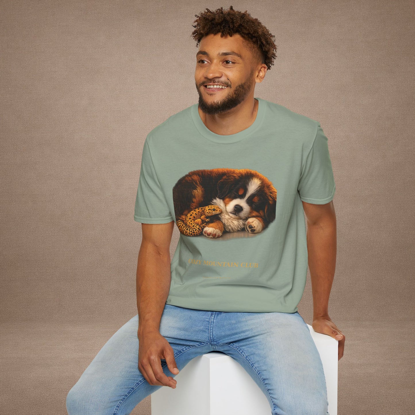 Bernese Mountain Dog — Cozy Mountain Club — cinematic photoreal portraits of beloved dog breeds paired w. Gold Gecko Co. Puppies & Geckos collection.