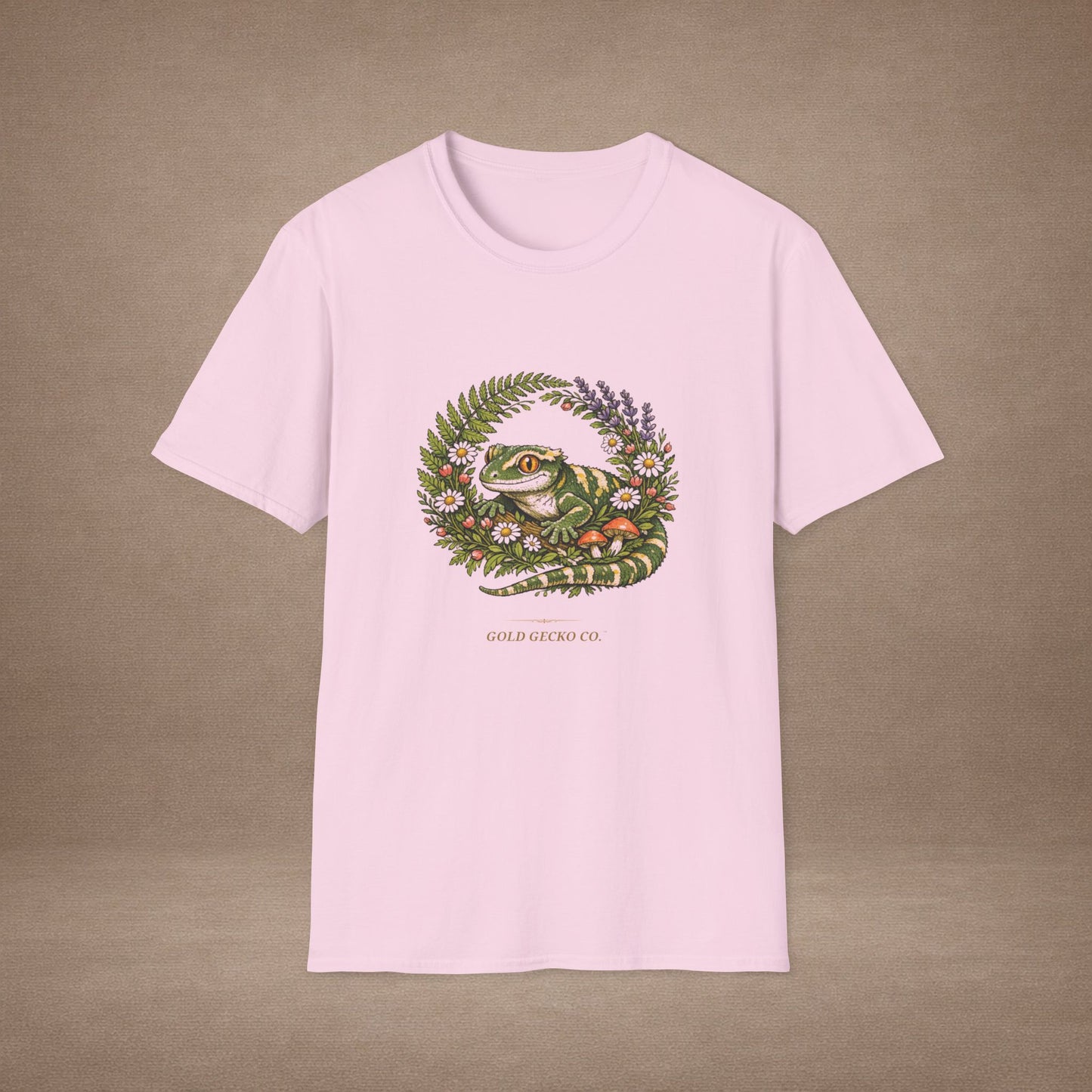 Garden Gecko T-Shirt · Botanical Wreath Back — Gold Gecko Co.