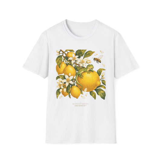 Citrus Grove Gecko cottagecore watercolor T-shirt from Gold Gecko Co. — gecko in a sunlit Mediterranean citrus grove of lemons and oranges.