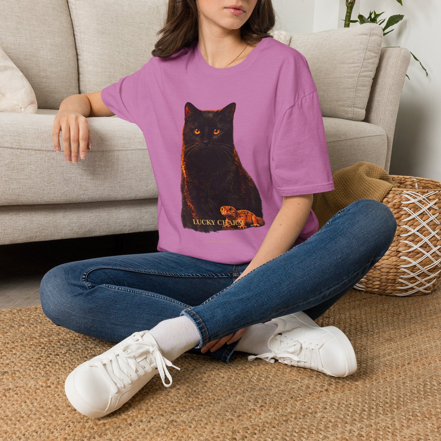 Black Cat — Lucky Charm — photoreal cat breed portraits paired with tiny gecko compani. Gold Gecko Co. Cats & Geckos collection.