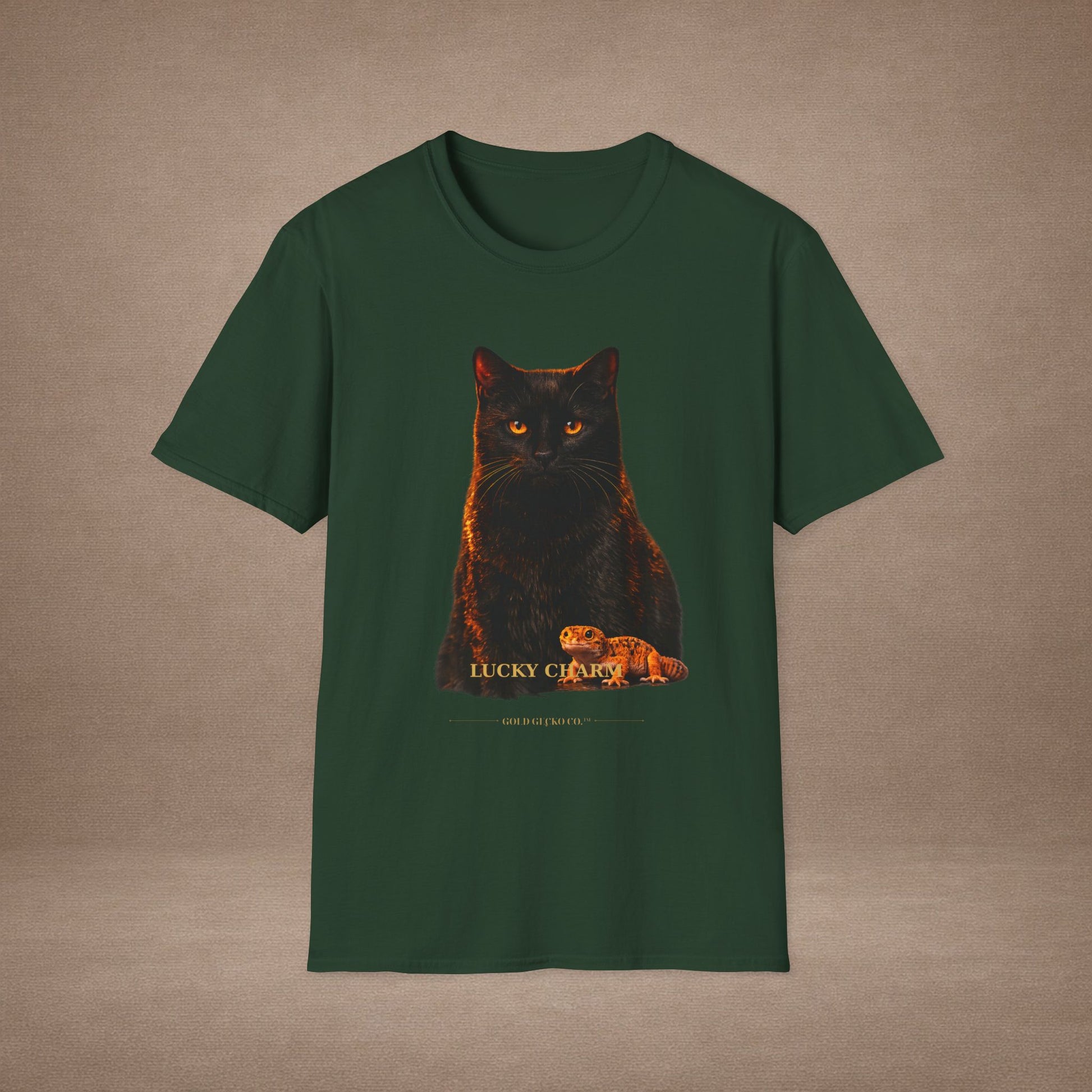Black Cat — Lucky Charm — photoreal cat breed portraits paired with tiny gecko compani. Gold Gecko Co. Cats & Geckos collection.