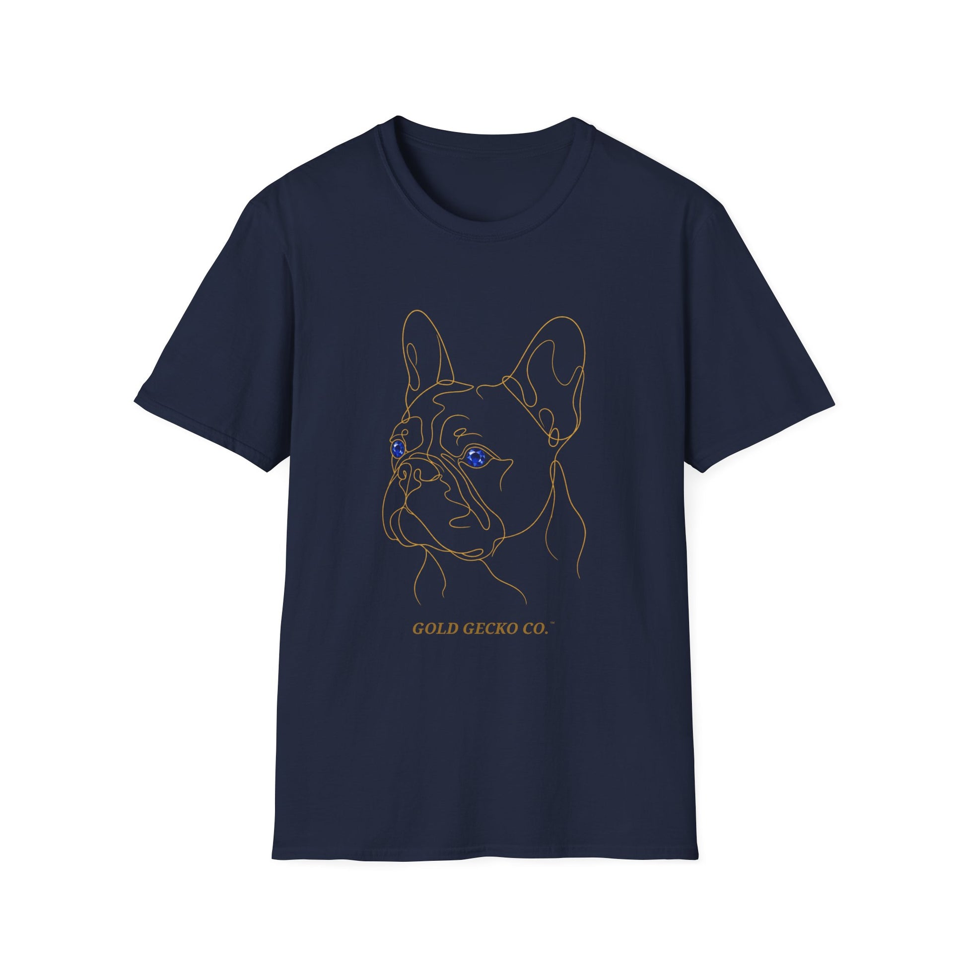 Sapphire French Bulldog single-line art with sapphire blue gem eye — Gold Gecko Co. Line & Gold collection (Dark)