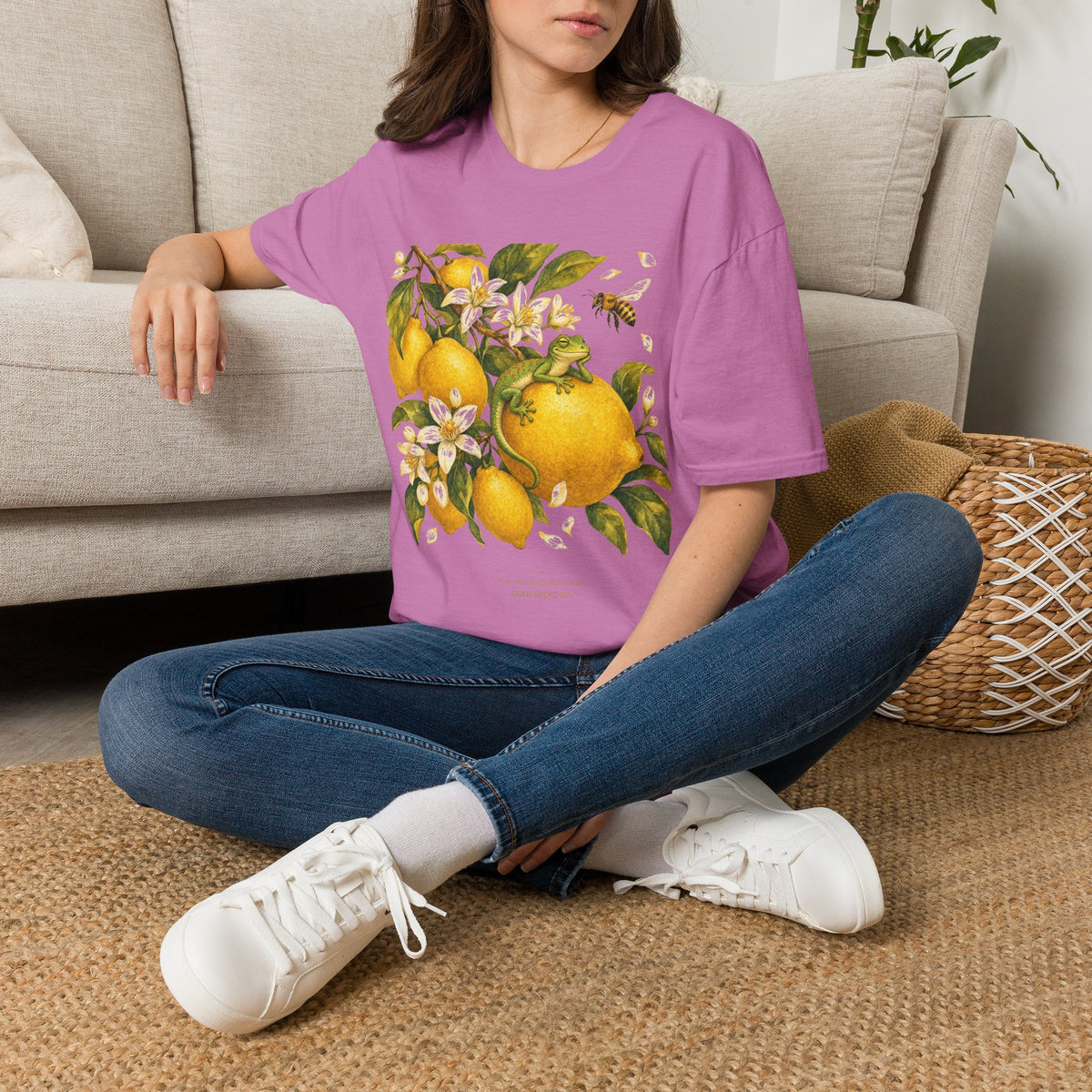 Citrus Grove Gecko cottagecore watercolor T-shirt from Gold Gecko Co. — gecko in a sunlit Mediterranean citrus grove of lemons and oranges.