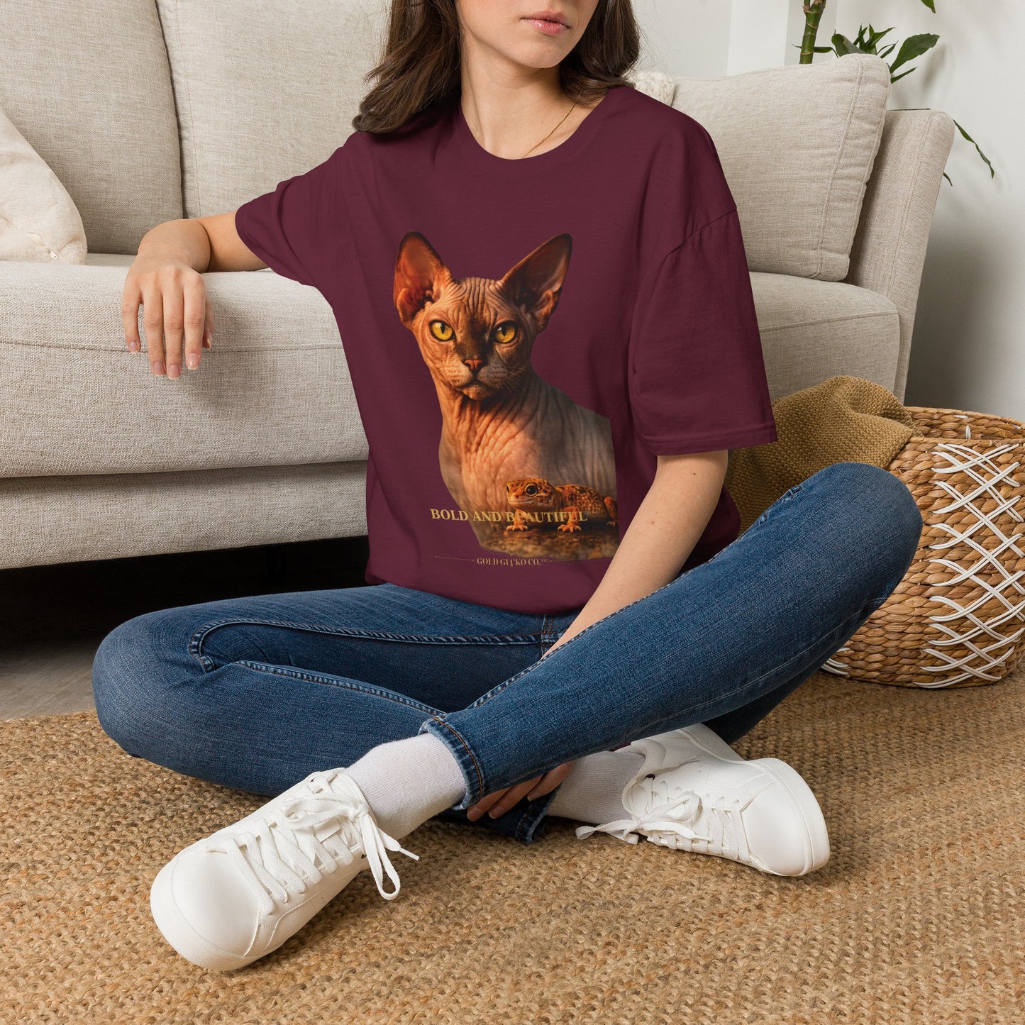 Sphynx — Bold And Beautiful — photoreal cat breed portraits paired with tiny gecko compani. Gold Gecko Co. Cats & Geckos collection.