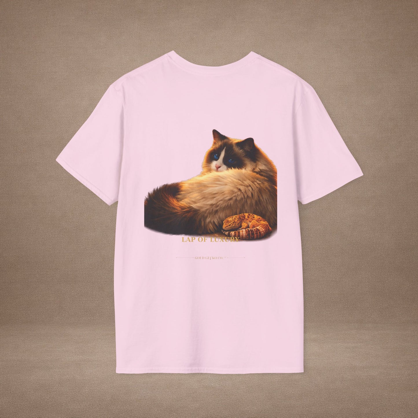 Ragdoll — Lap Of Luxury — photoreal cat breed portraits paired with tiny gecko compani. Gold Gecko Co. Cats & Geckos collection.