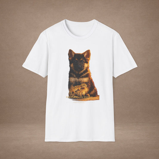 German Shepherd — Partners On Patrol — cinematic photoreal portraits of beloved dog breeds paired w. Gold Gecko Co. Puppies & Geckos collection.