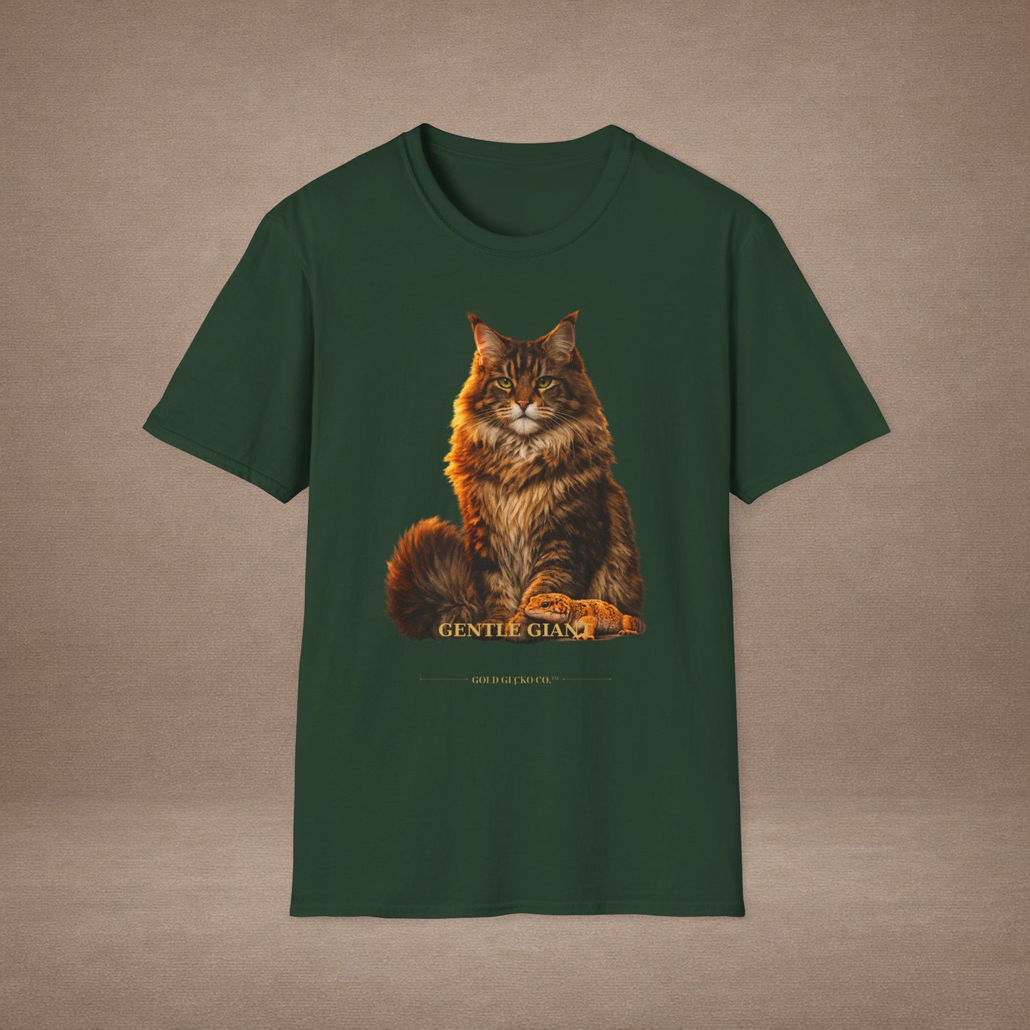 Maine Coon — Gentle Giant — photoreal cat breed portraits paired with tiny gecko compani. Gold Gecko Co. Cats & Geckos collection.