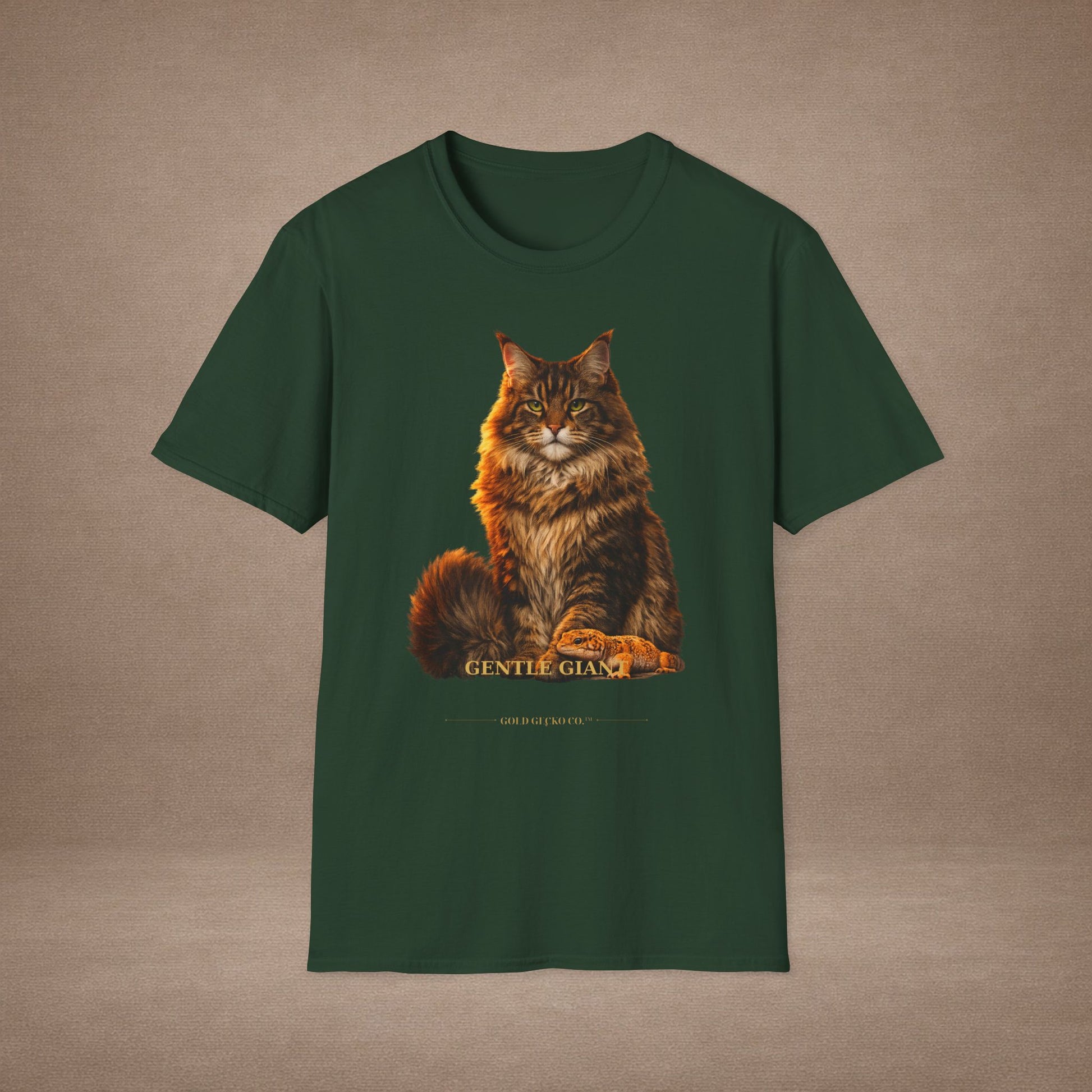 Maine Coon — Gentle Giant — photoreal cat breed portraits paired with tiny gecko compani. Gold Gecko Co. Cats & Geckos collection.