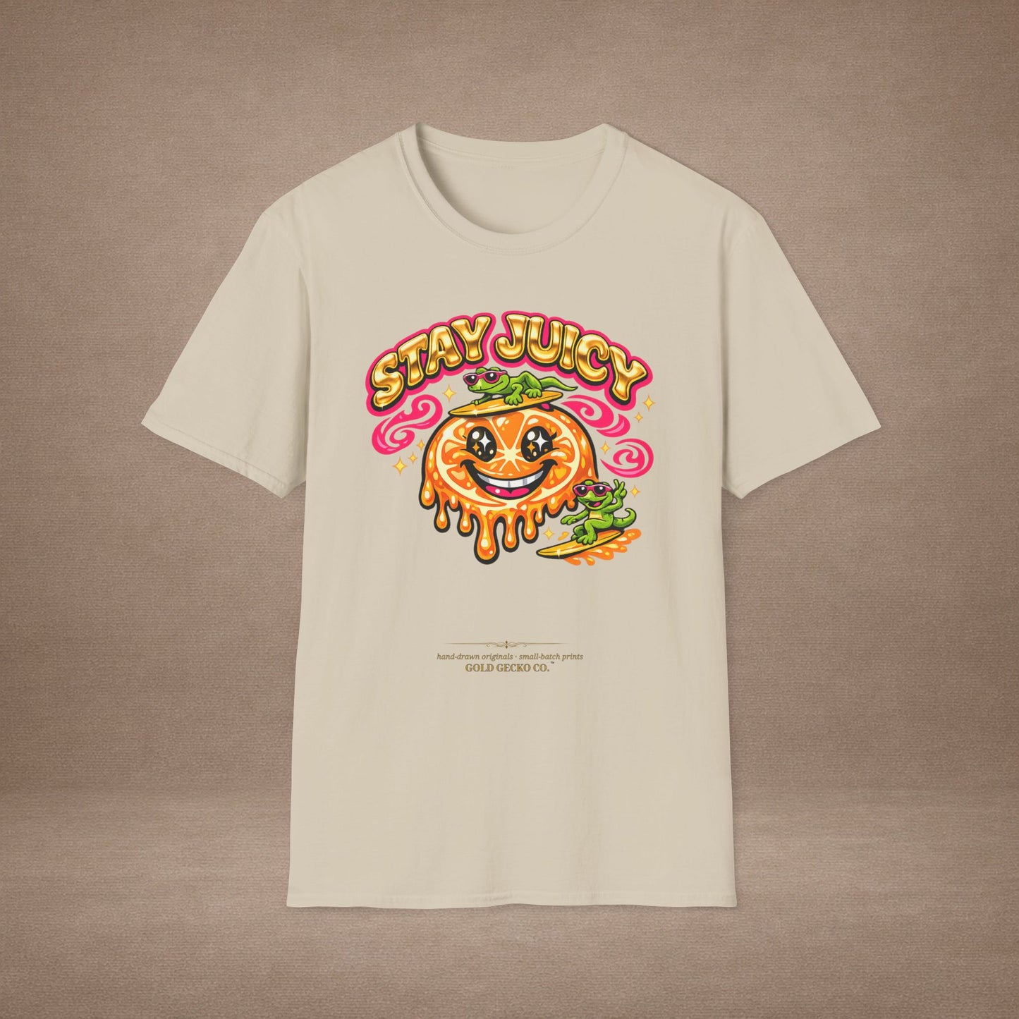 Stay Juicy retro chrome orange & gecko graphic t-shirt — Gold Gecko Co.