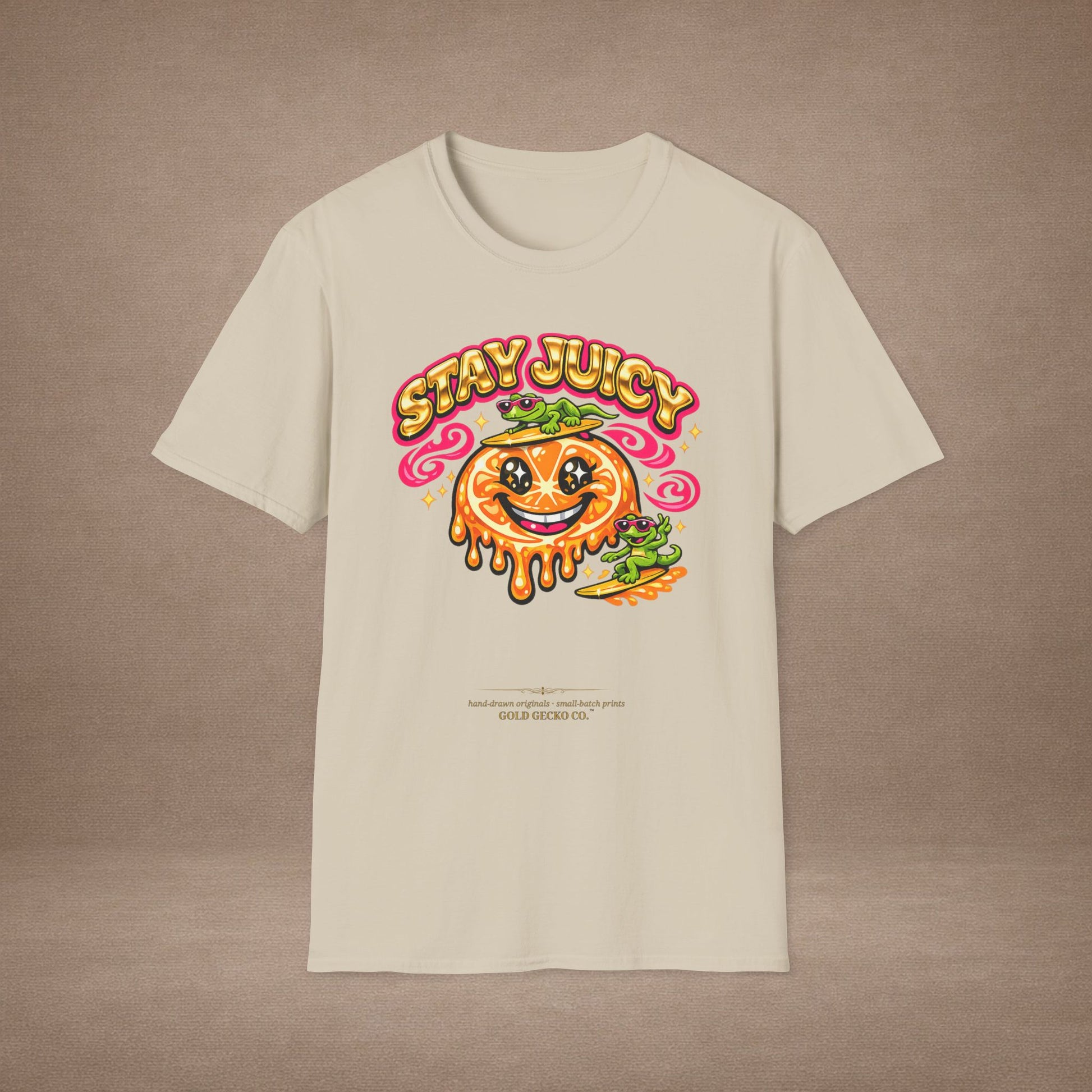 Stay Juicy retro chrome orange & gecko graphic t-shirt — Gold Gecko Co.