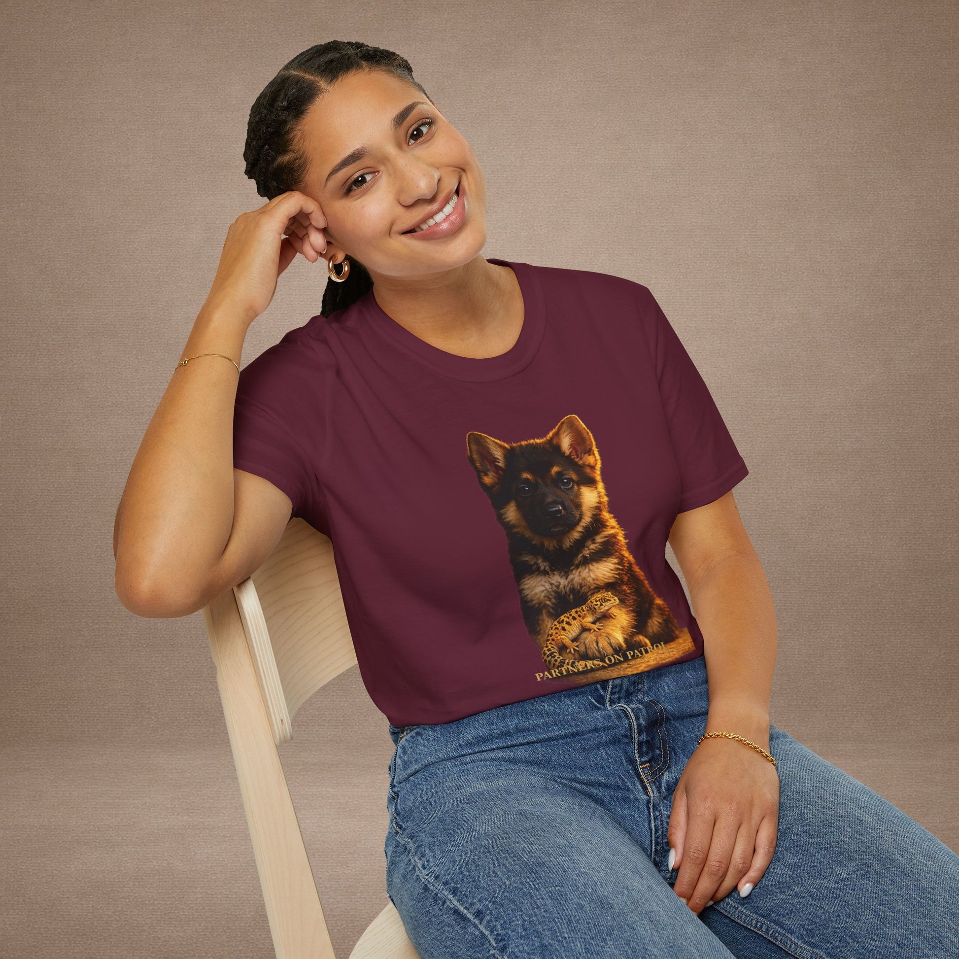 German Shepherd — Partners On Patrol — cinematic photoreal portraits of beloved dog breeds paired w. Gold Gecko Co. Puppies & Geckos collection.
