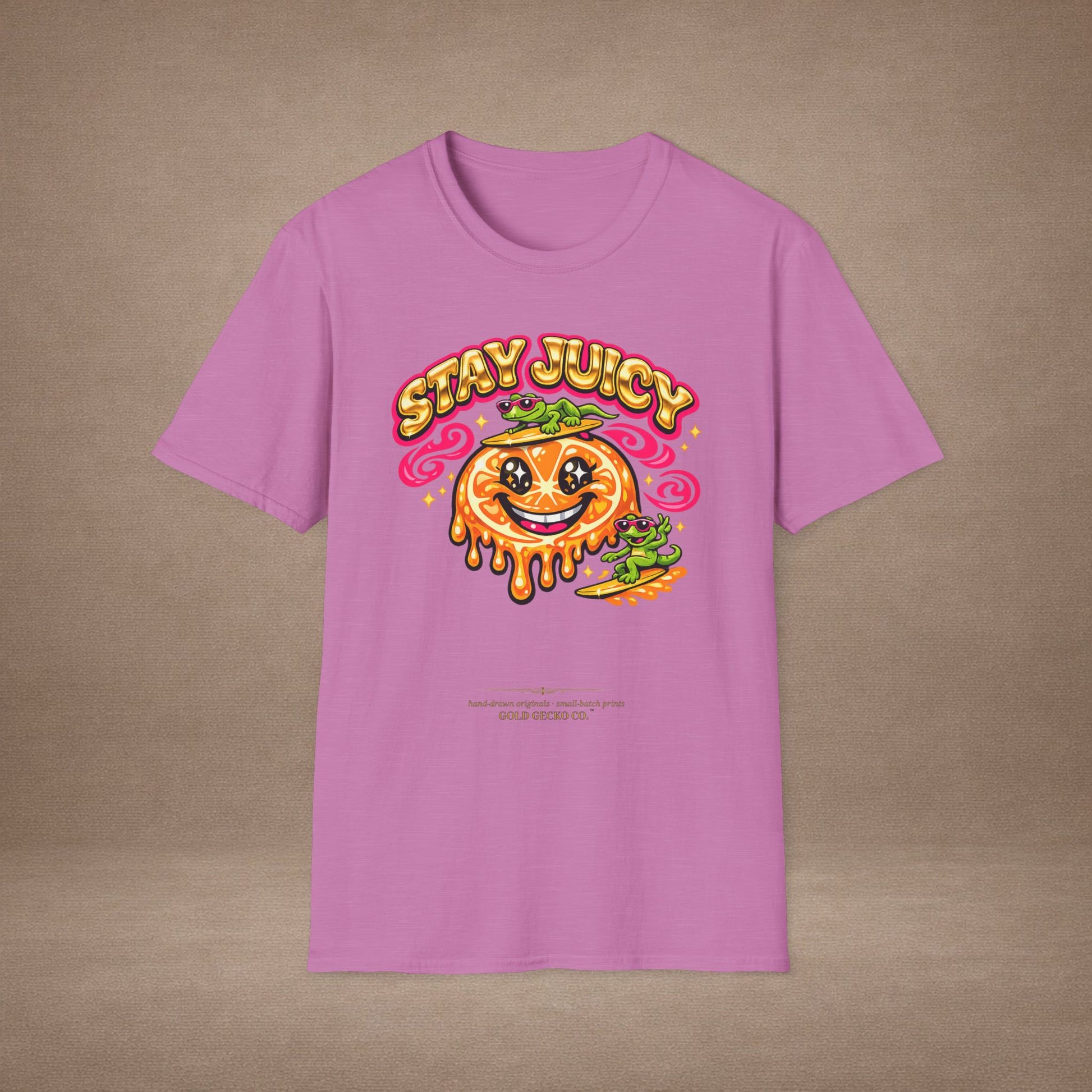 Stay Juicy retro chrome orange & gecko graphic t-shirt — Gold Gecko Co.