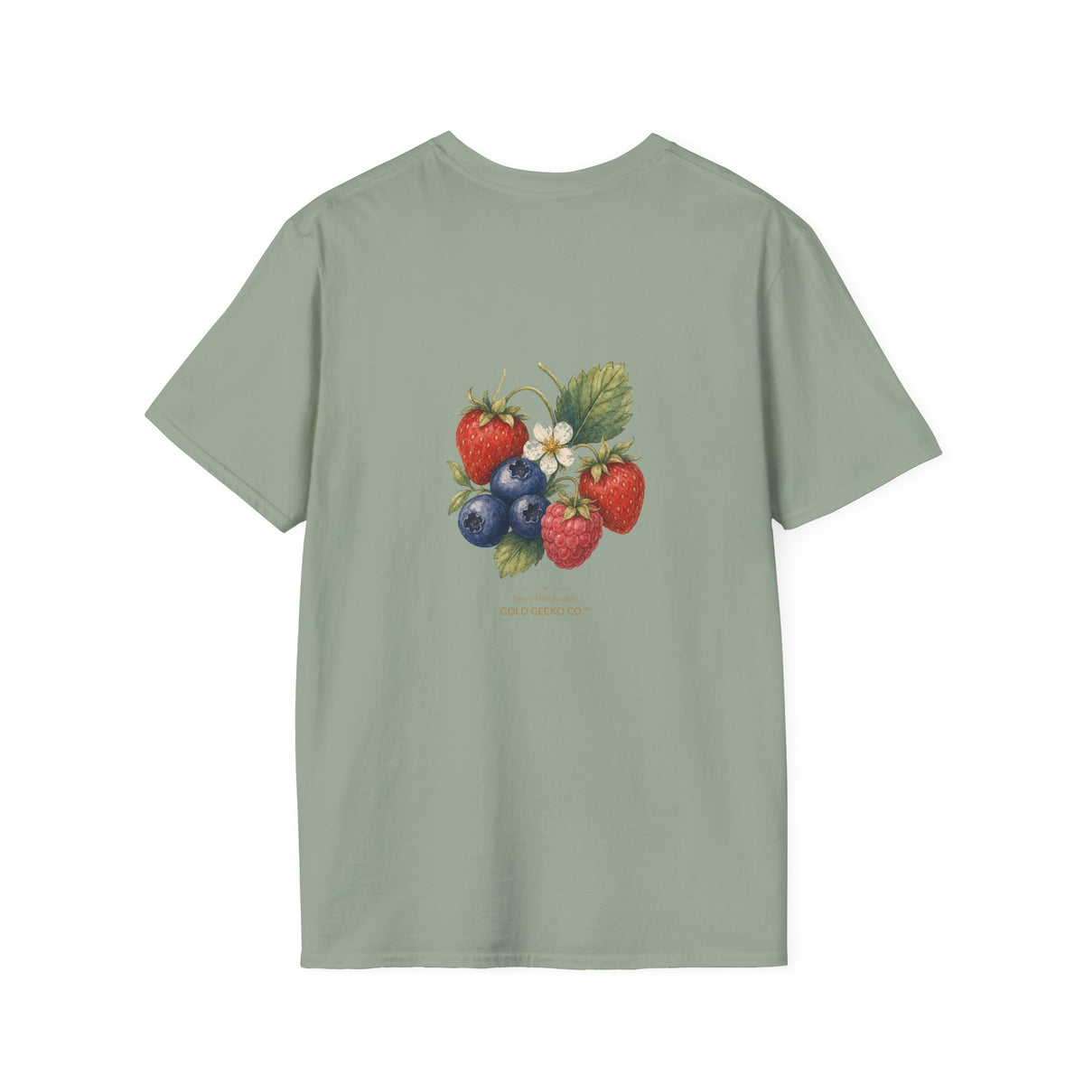 Berry Basket Buddy cottagecore watercolor T-shirt from Gold Gecko Co. — gecko nestled in a woven basket of wild strawberries and blueberries.