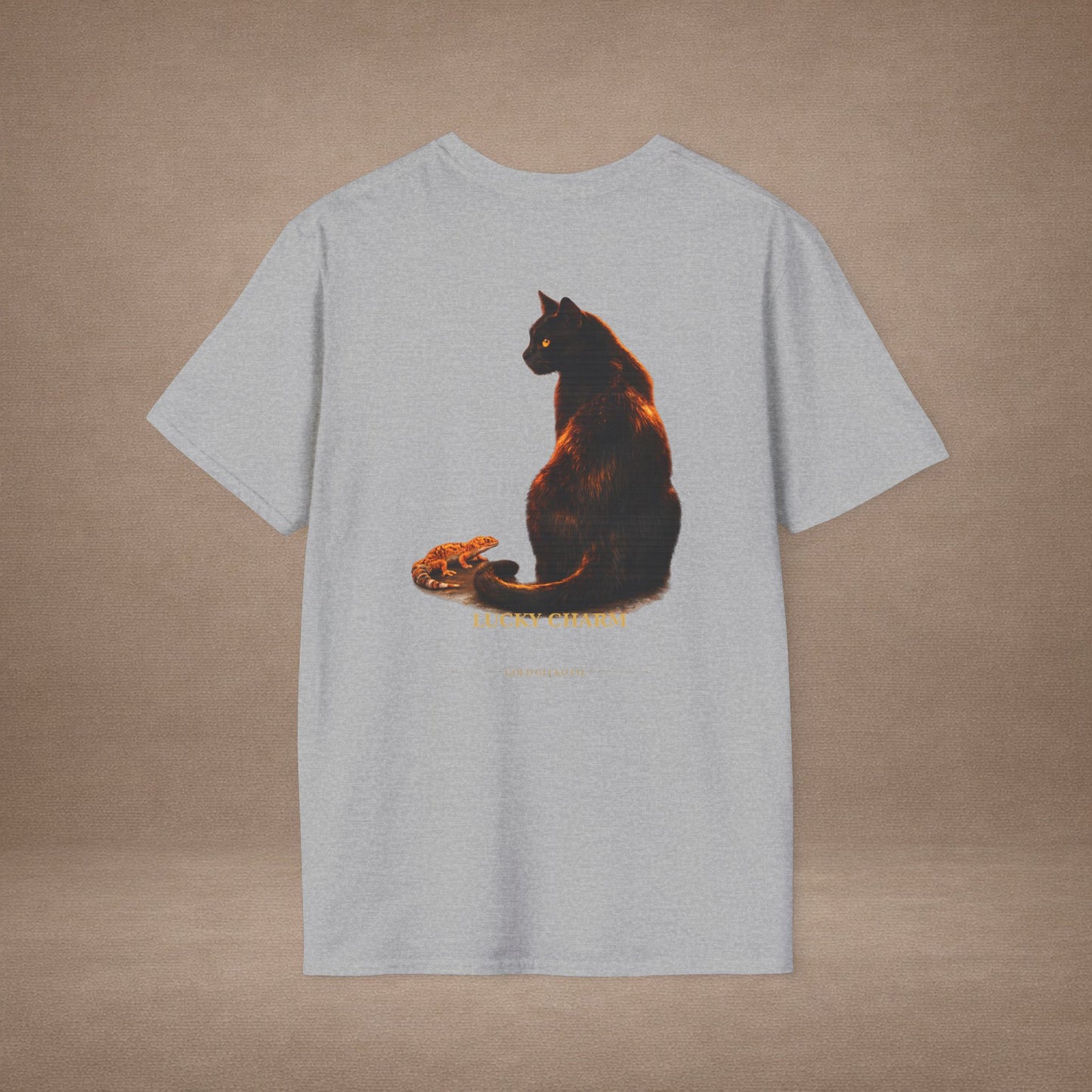Black Cat — Lucky Charm — photoreal cat breed portraits paired with tiny gecko compani. Gold Gecko Co. Cats & Geckos collection.