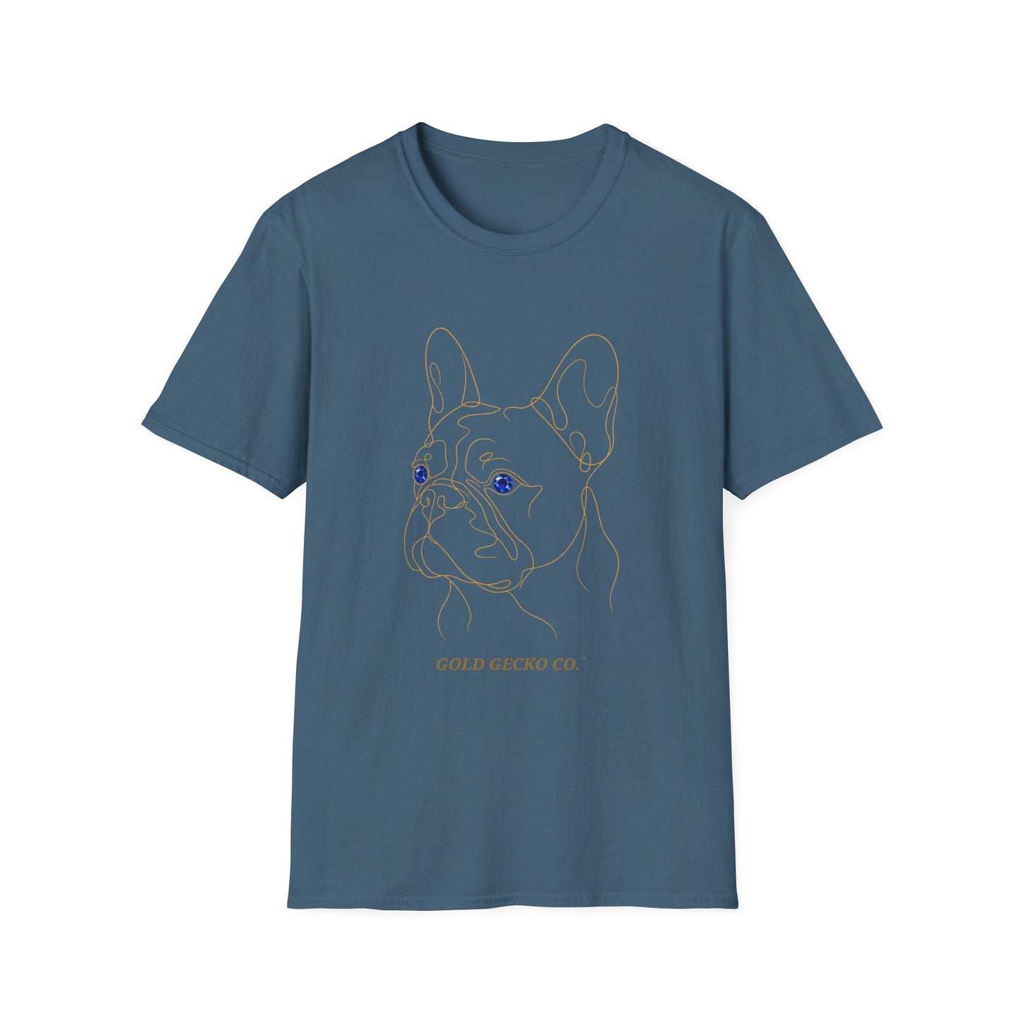 Sapphire French Bulldog single-line art with sapphire blue gem eye — Gold Gecko Co. Line & Gold collection (Dark)