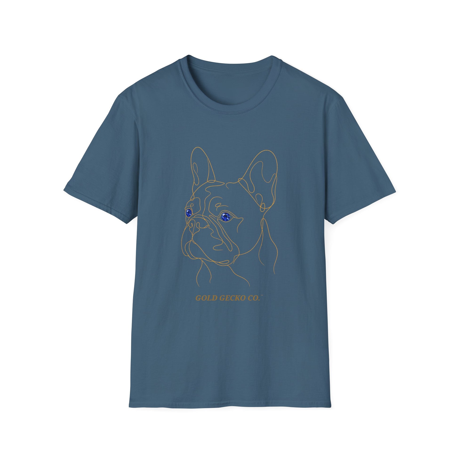 Sapphire French Bulldog single-line art with sapphire blue gem eye — Gold Gecko Co. Line & Gold collection (Dark)