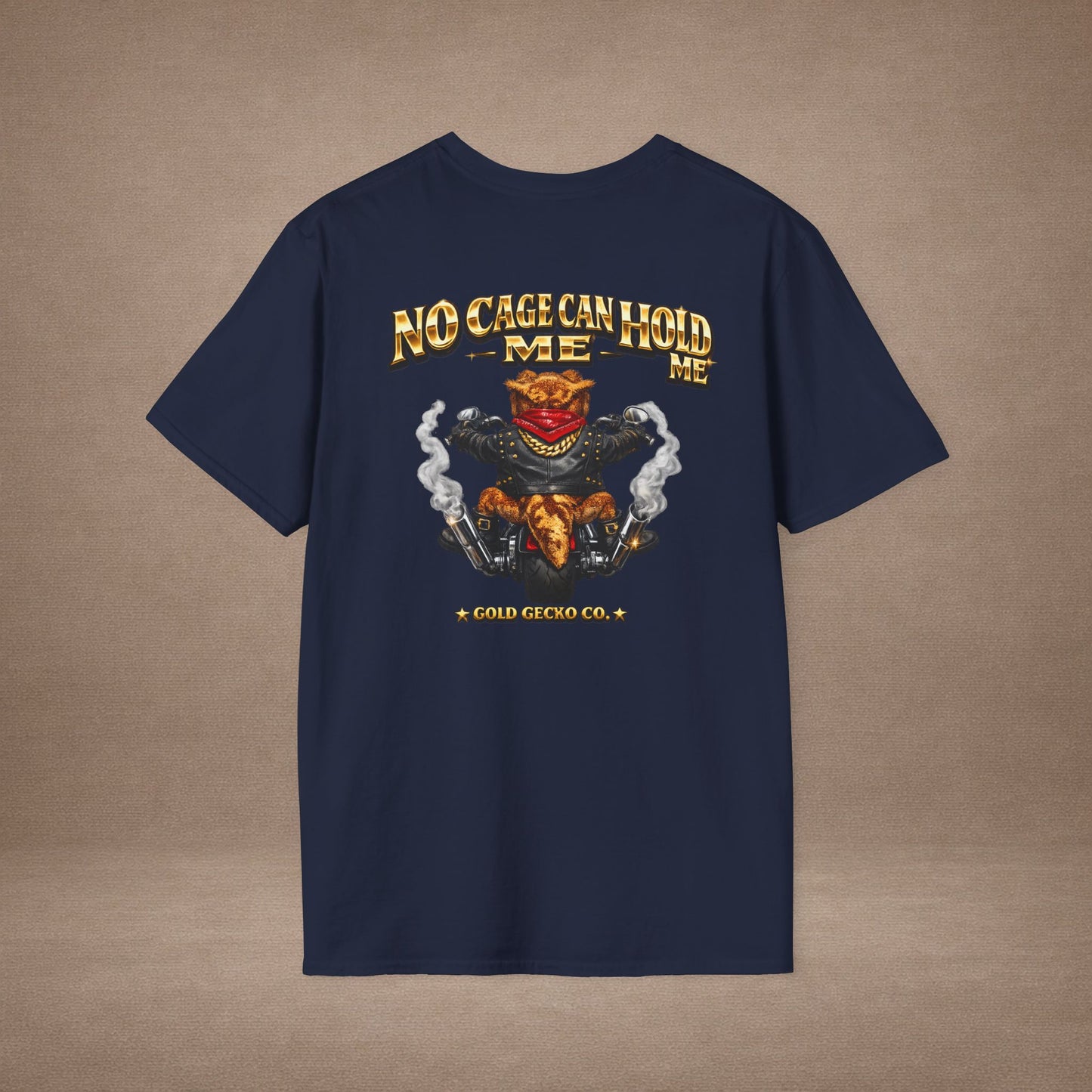 DESIGN #37 No Cage Can Hold Me — Chopper Gecko Tee (Front & Back) Gold Lettering