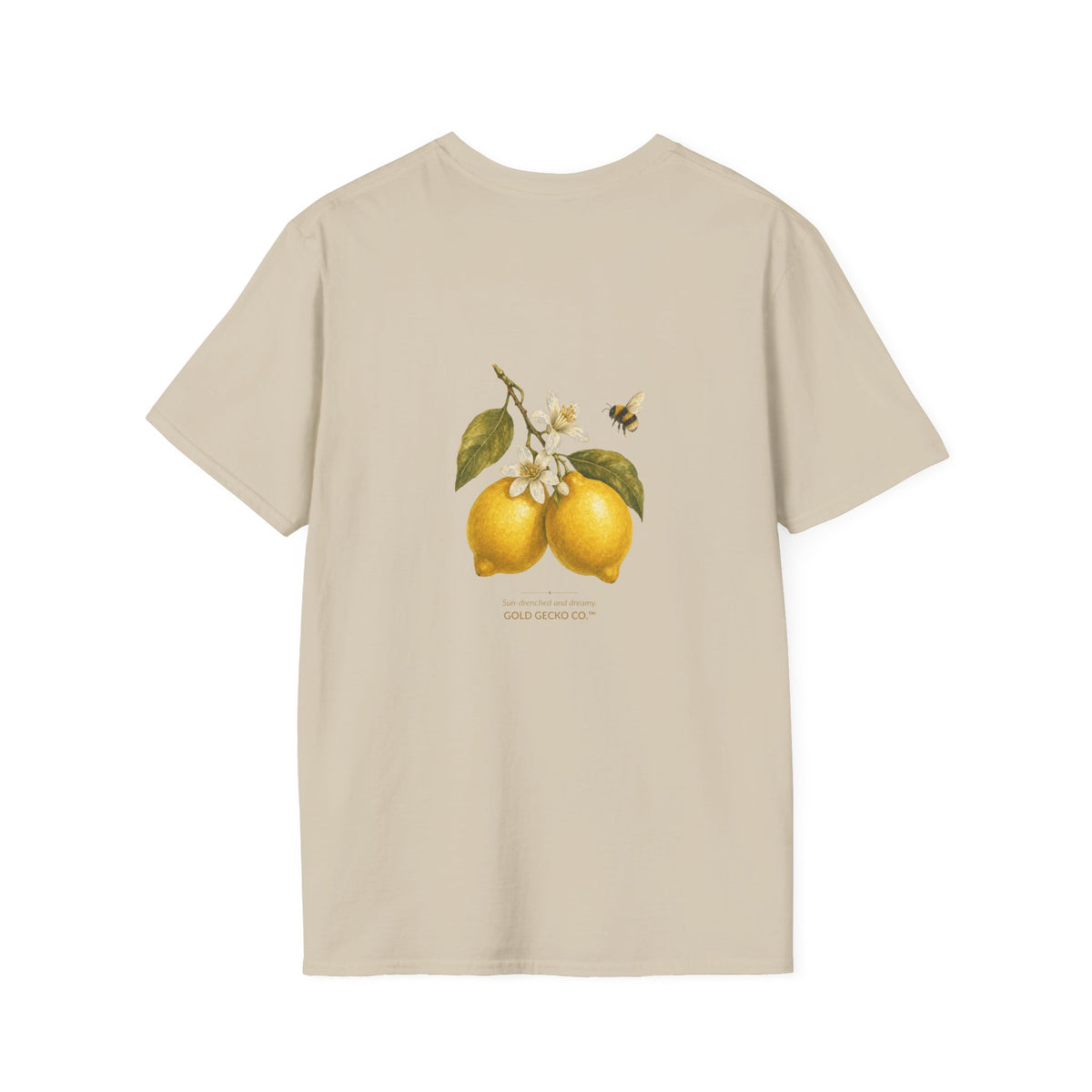 Citrus Grove Gecko cottagecore watercolor T-shirt from Gold Gecko Co. — gecko in a sunlit Mediterranean citrus grove of lemons and oranges.