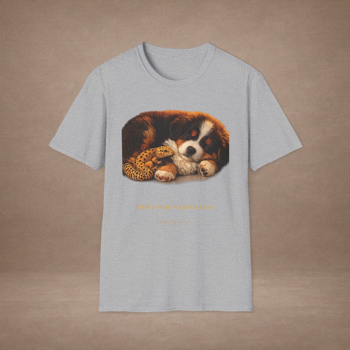 Bernese Mountain Dog — Cozy Mountain Club — cinematic photoreal portraits of beloved dog breeds paired w. Gold Gecko Co. Puppies & Geckos collection.