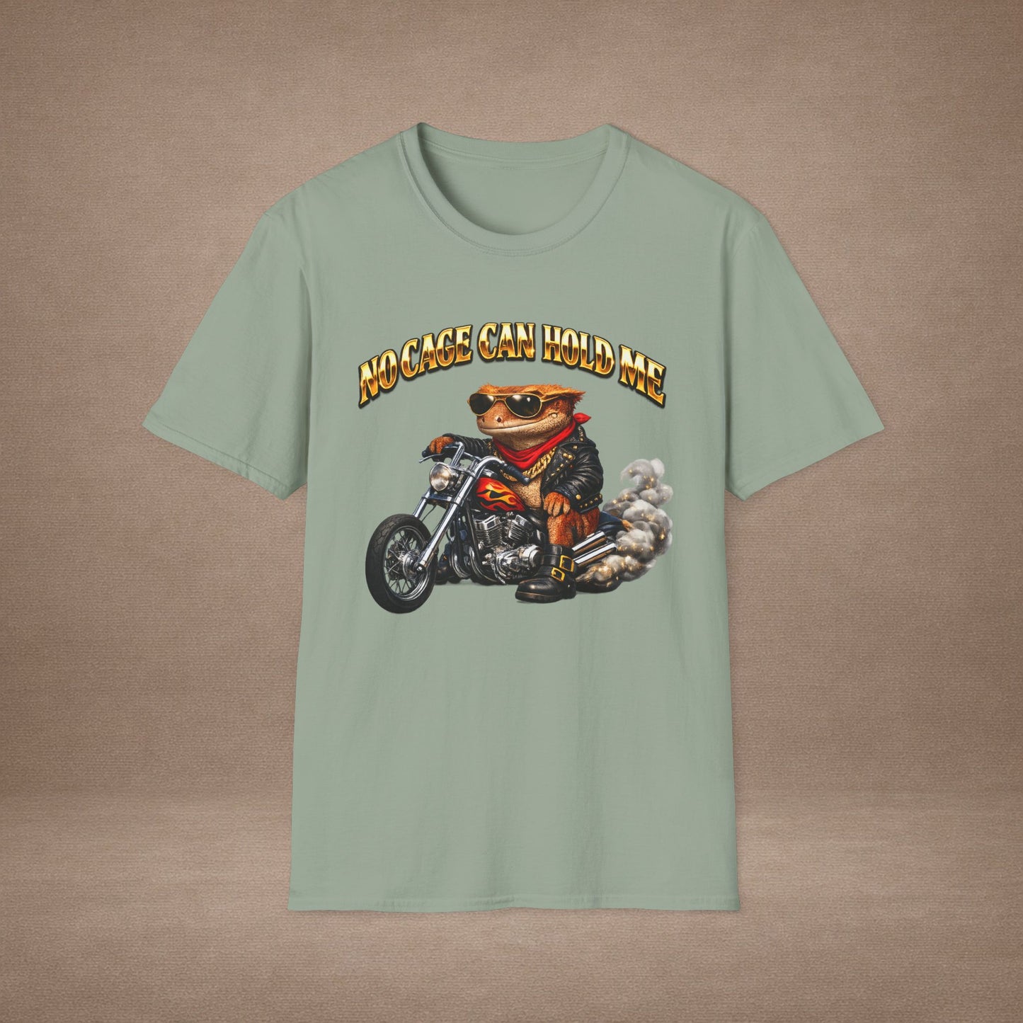 DESIGN #37 No Cage Can Hold Me — Chopper Gecko Tee (Front & Back) Gold Lettering