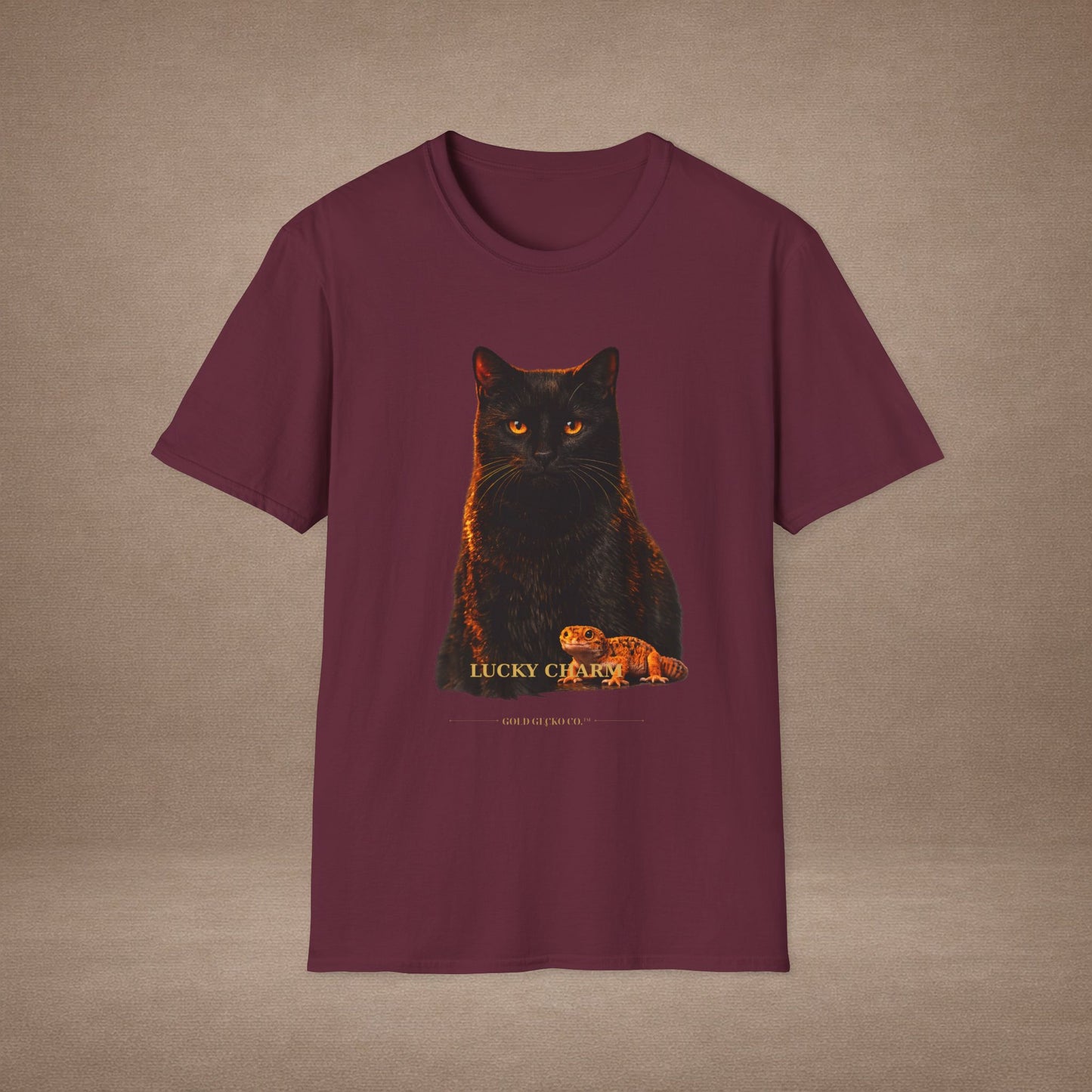 Black Cat — Lucky Charm — photoreal cat breed portraits paired with tiny gecko compani. Gold Gecko Co. Cats & Geckos collection.