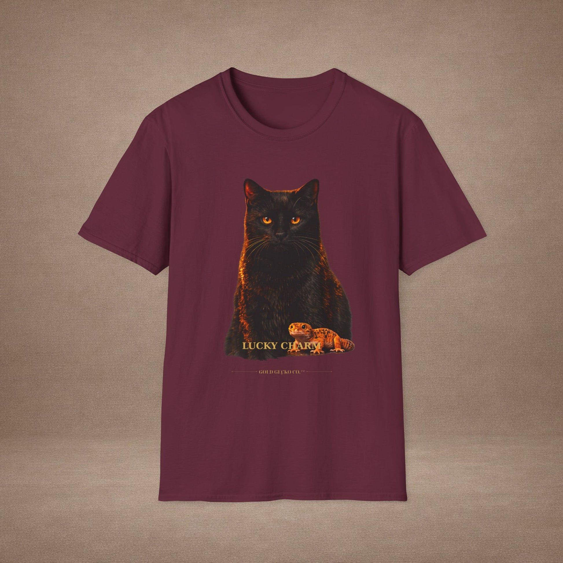 Black Cat — Lucky Charm — photoreal cat breed portraits paired with tiny gecko compani. Gold Gecko Co. Cats & Geckos collection.