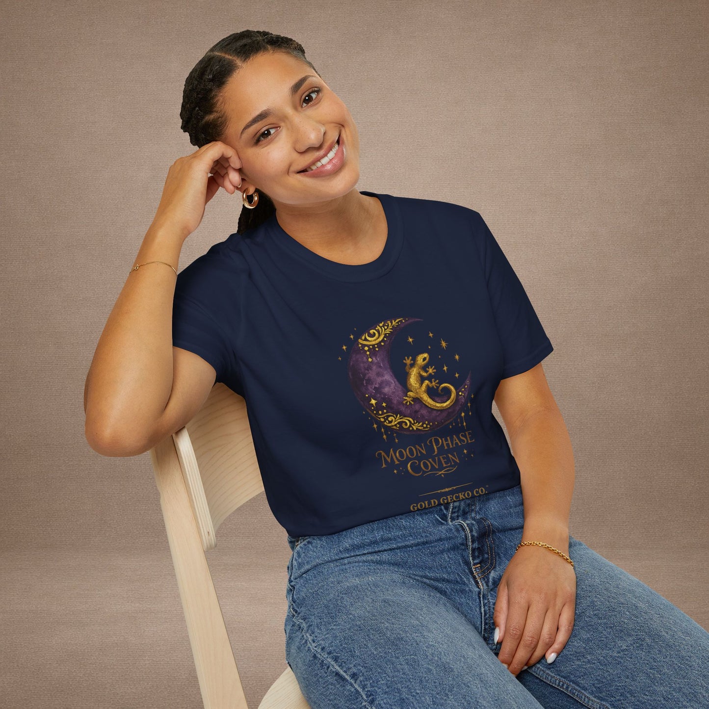 Moon Phase Coven gecko t-shirt with Coven Banner back — Gold Gecko Co. Moon & Mystic collection