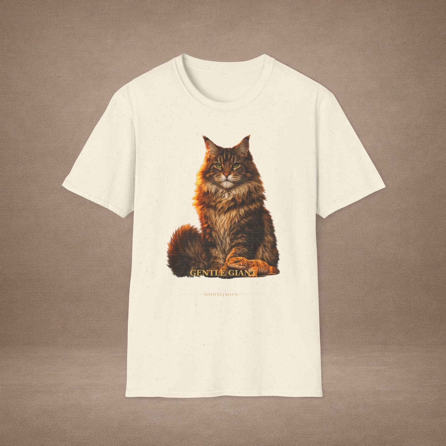 Maine Coon — Gentle Giant — photoreal cat breed portraits paired with tiny gecko compani. Gold Gecko Co. Cats & Geckos collection.