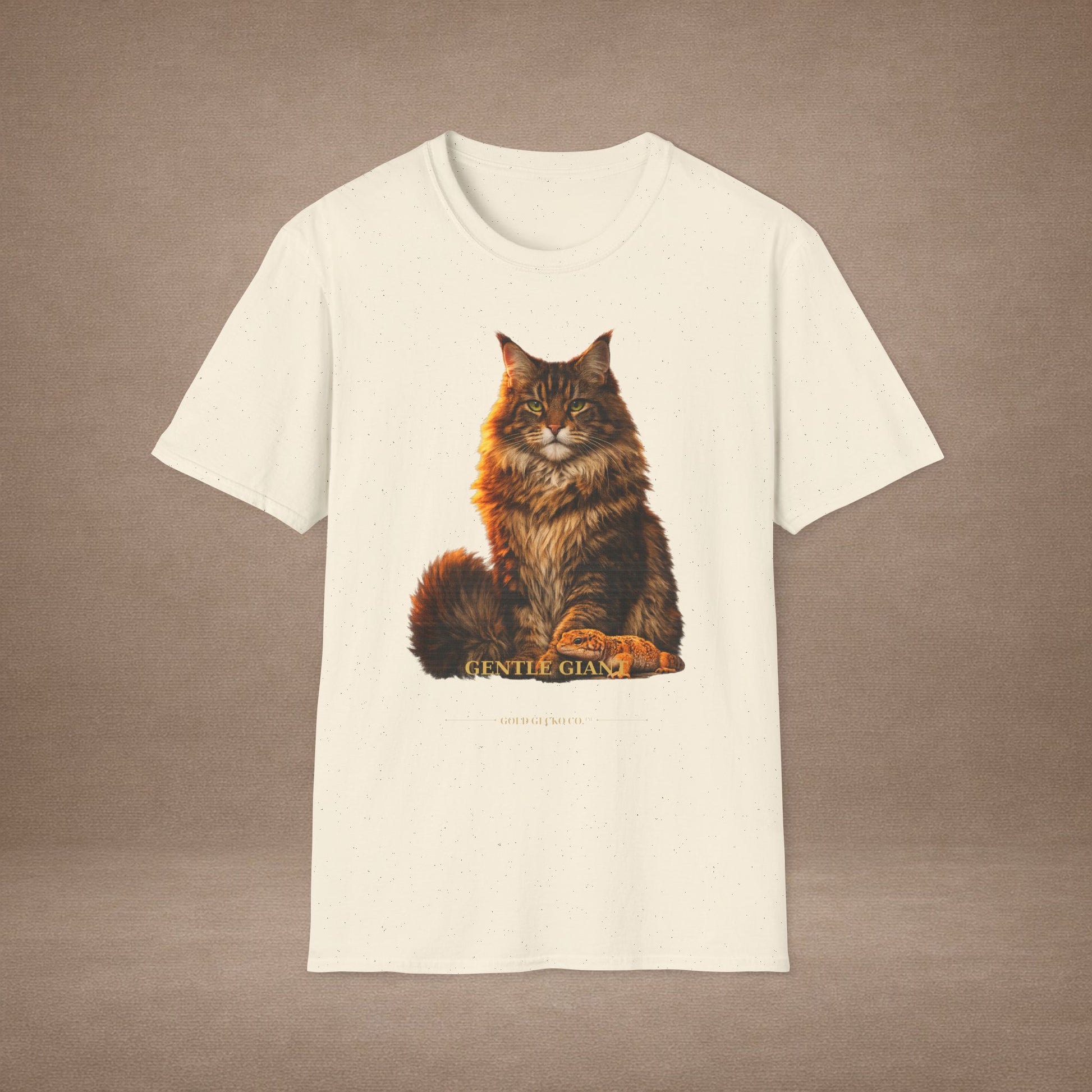 Maine Coon — Gentle Giant — photoreal cat breed portraits paired with tiny gecko compani. Gold Gecko Co. Cats & Geckos collection.