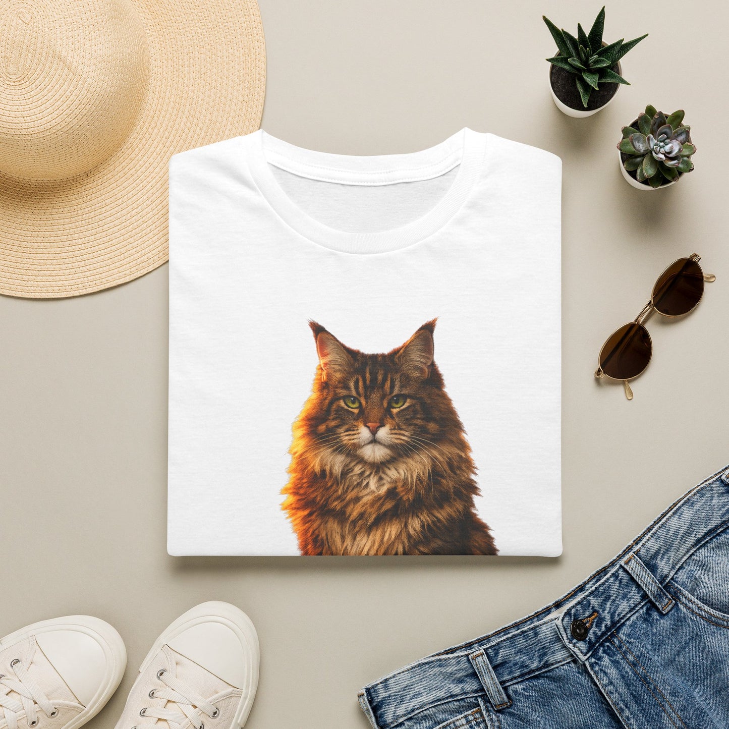 Maine Coon — Gentle Giant — photoreal cat breed portraits paired with tiny gecko compani. Gold Gecko Co. Cats & Geckos collection.
