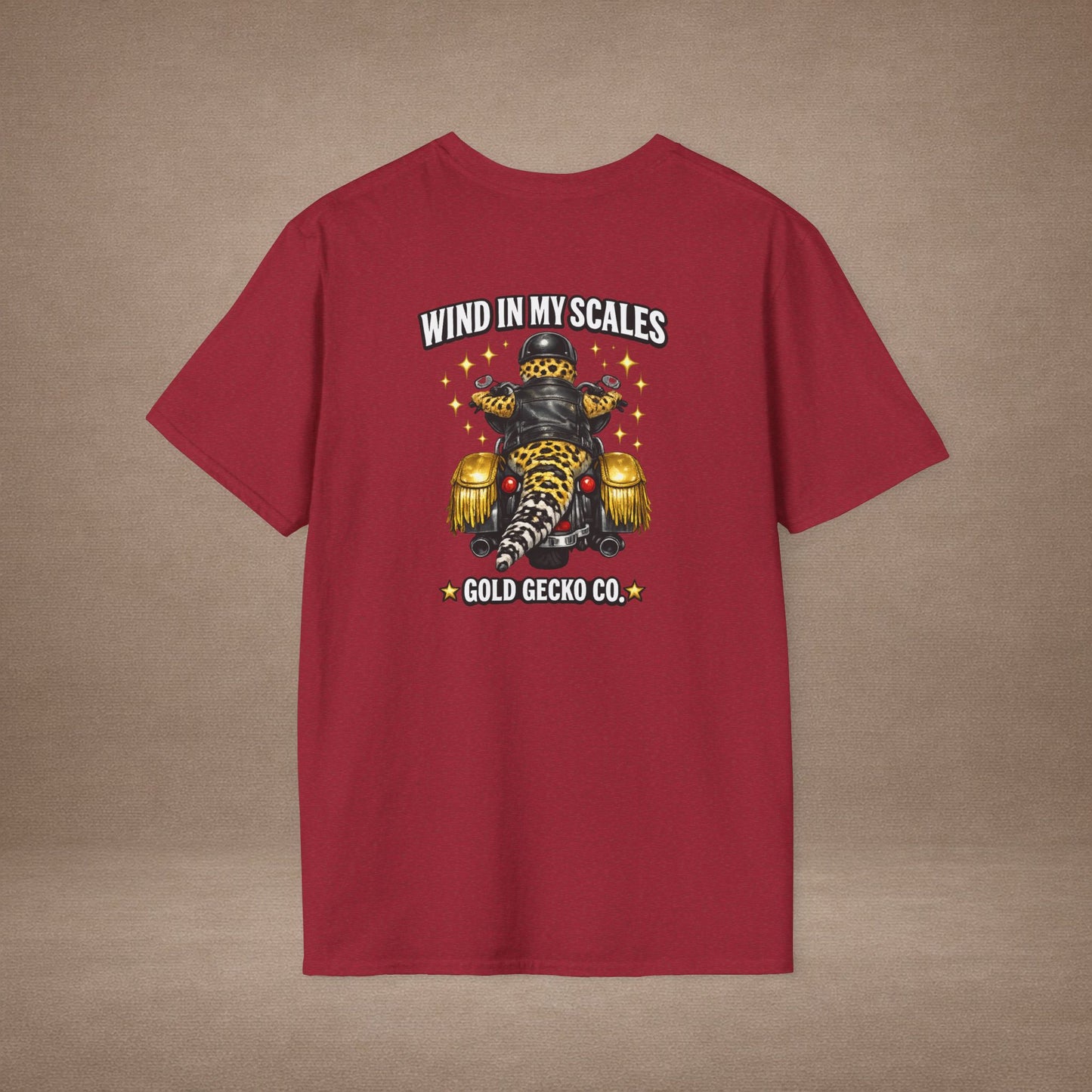 DESIGN #38 Wind in My Scales — Bagger Gecko Tee (Front & Back) Golden Letters