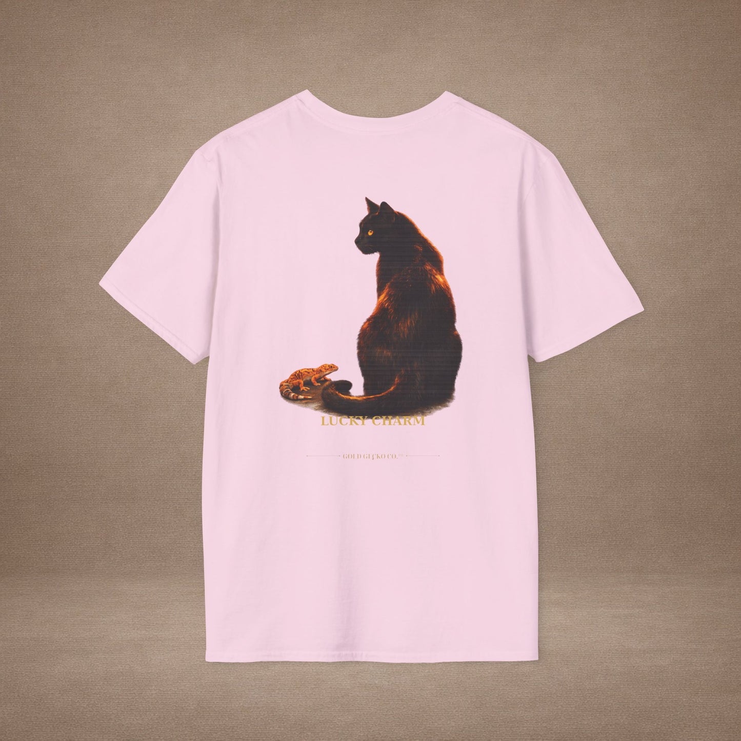 Black Cat — Lucky Charm — photoreal cat breed portraits paired with tiny gecko compani. Gold Gecko Co. Cats & Geckos collection.