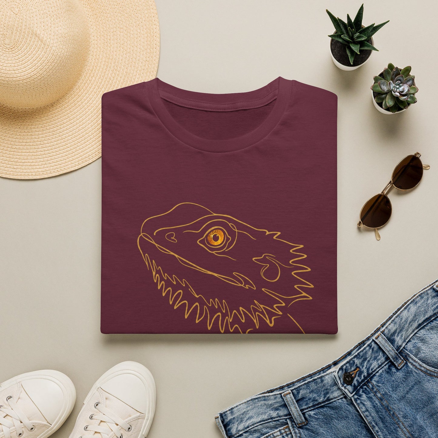 Amber Bearded Dragon single-line art with amber gold gem eye — Gold Gecko Co. Line & Gold collection (Dark)