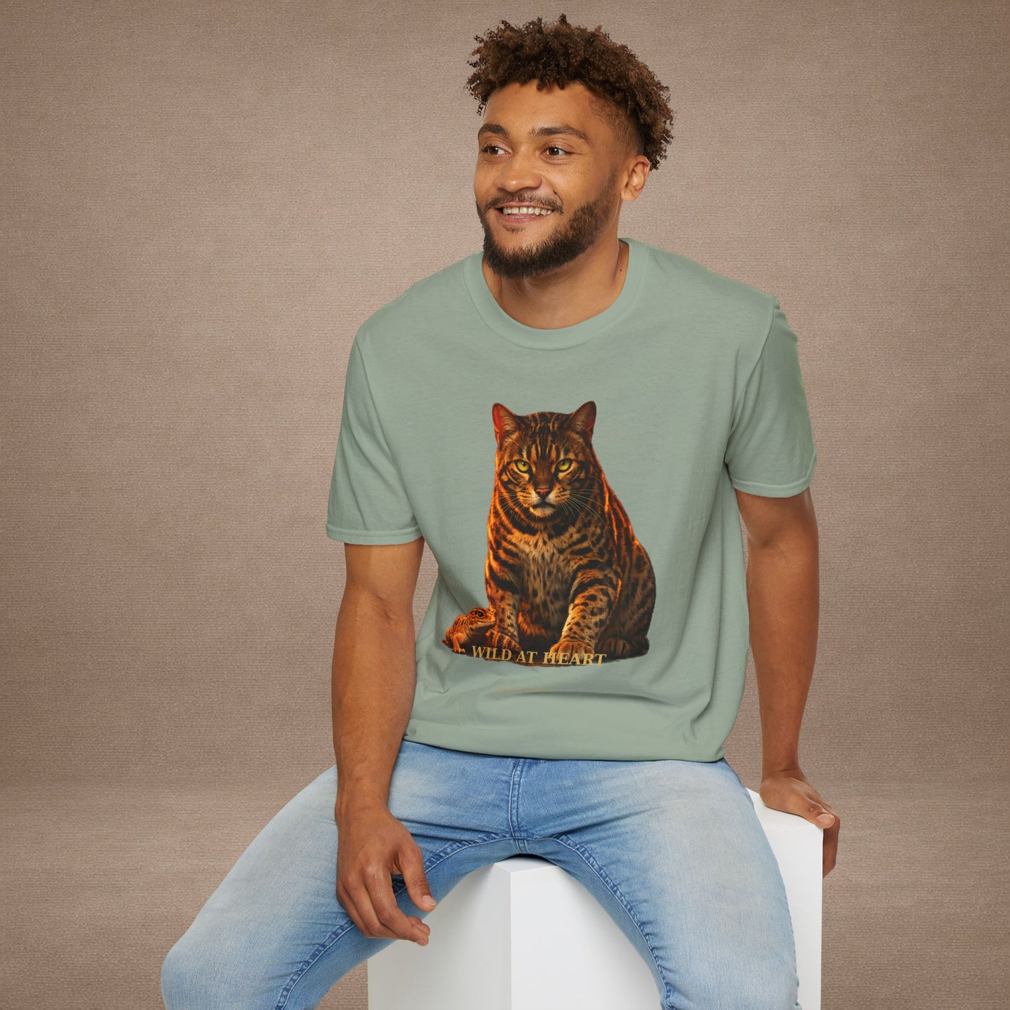 Bengal — Wild At Heart — photoreal cat breed portraits paired with tiny gecko compani. Gold Gecko Co. Cats & Geckos collection.