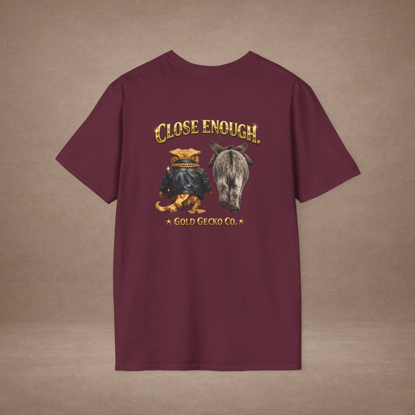 DESIGN #04-1 Close Enough — Donkey Gecko Tee (Front & Back) (Gold Letters)