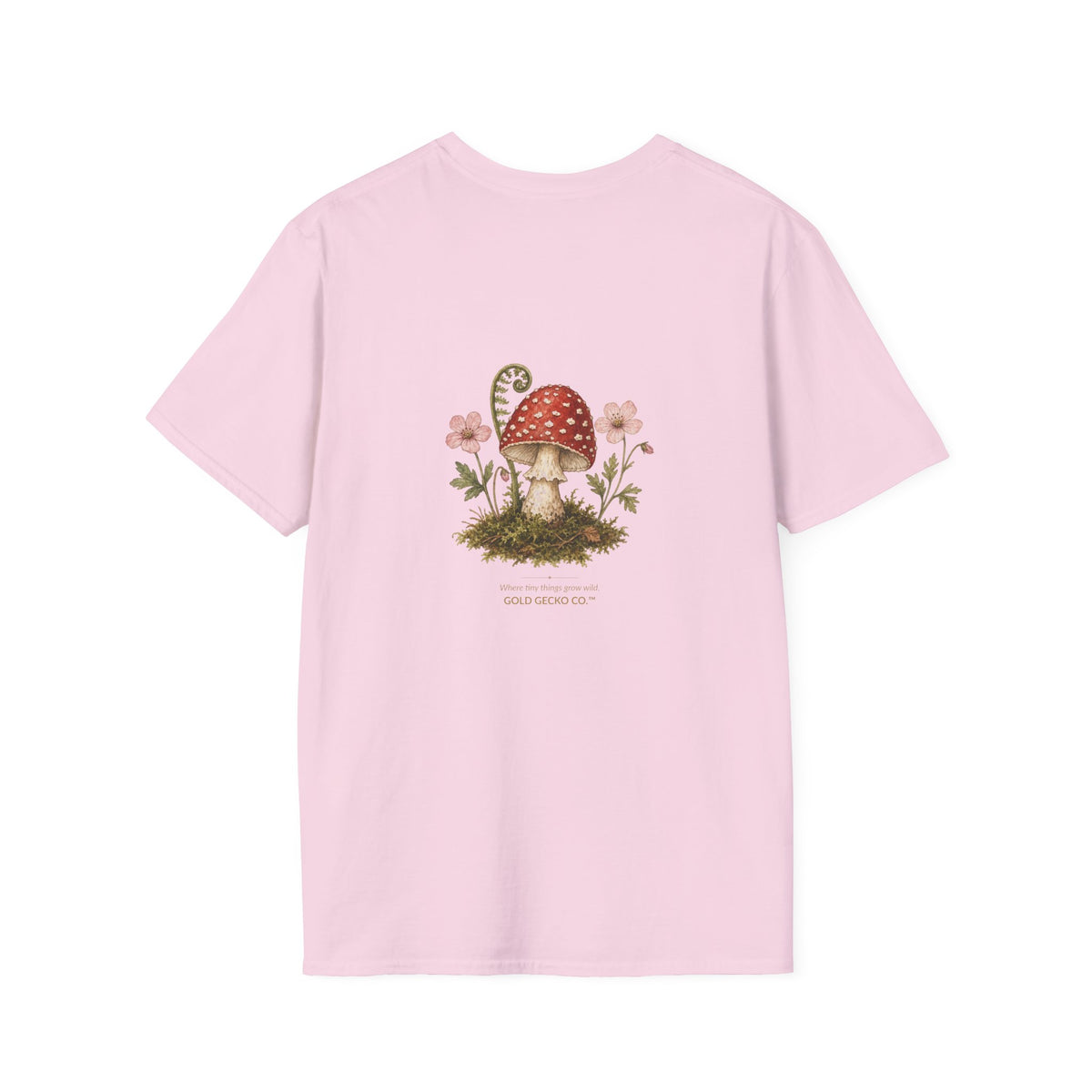 Mushroom Village cottagecore watercolor T-shirt from Gold Gecko Co. — gecko exploring a whimsical toadstool village in the woods.