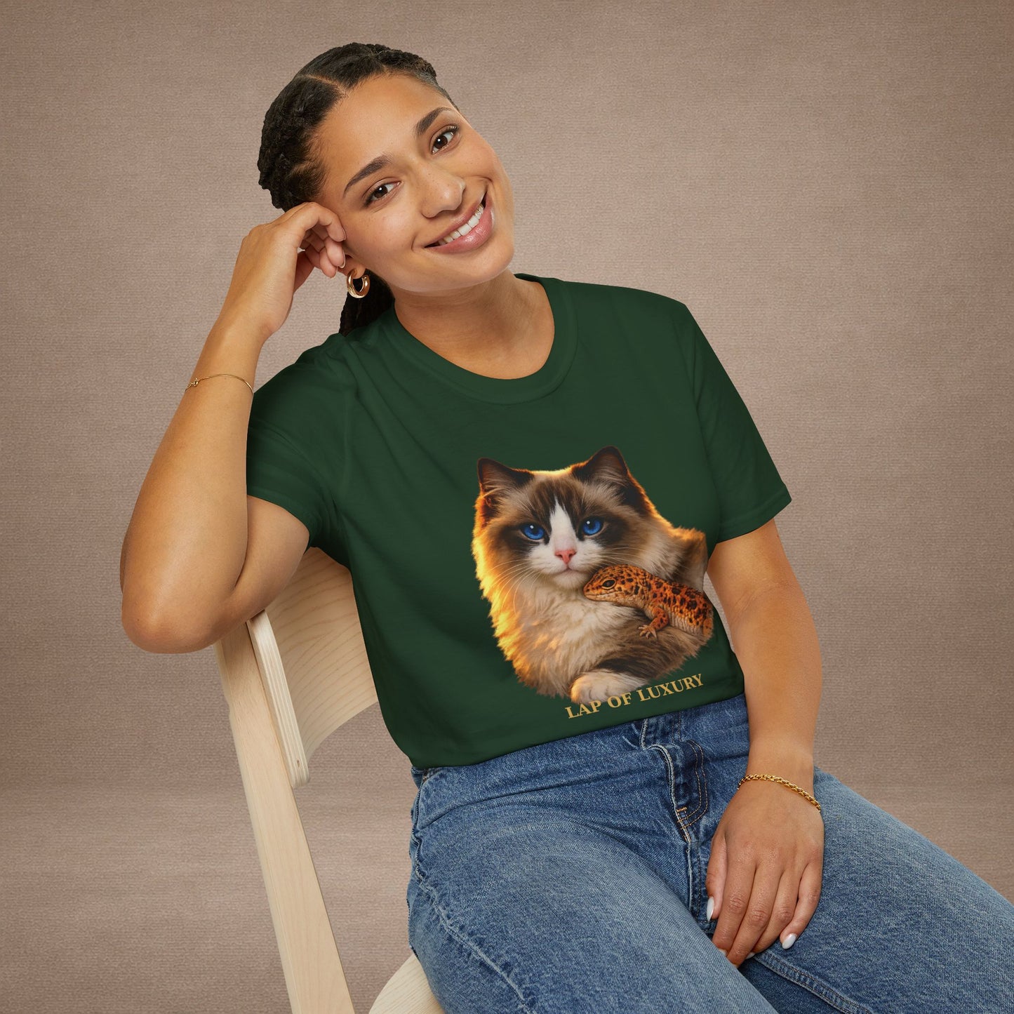 Ragdoll — Lap Of Luxury — photoreal cat breed portraits paired with tiny gecko compani. Gold Gecko Co. Cats & Geckos collection.